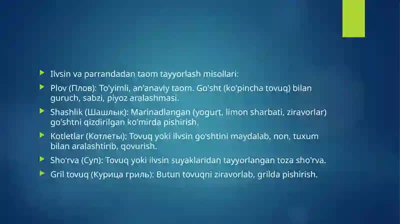 Parranda va ilvasinlarga issiqlik ishlov berish va taomlar tayyorlash 4