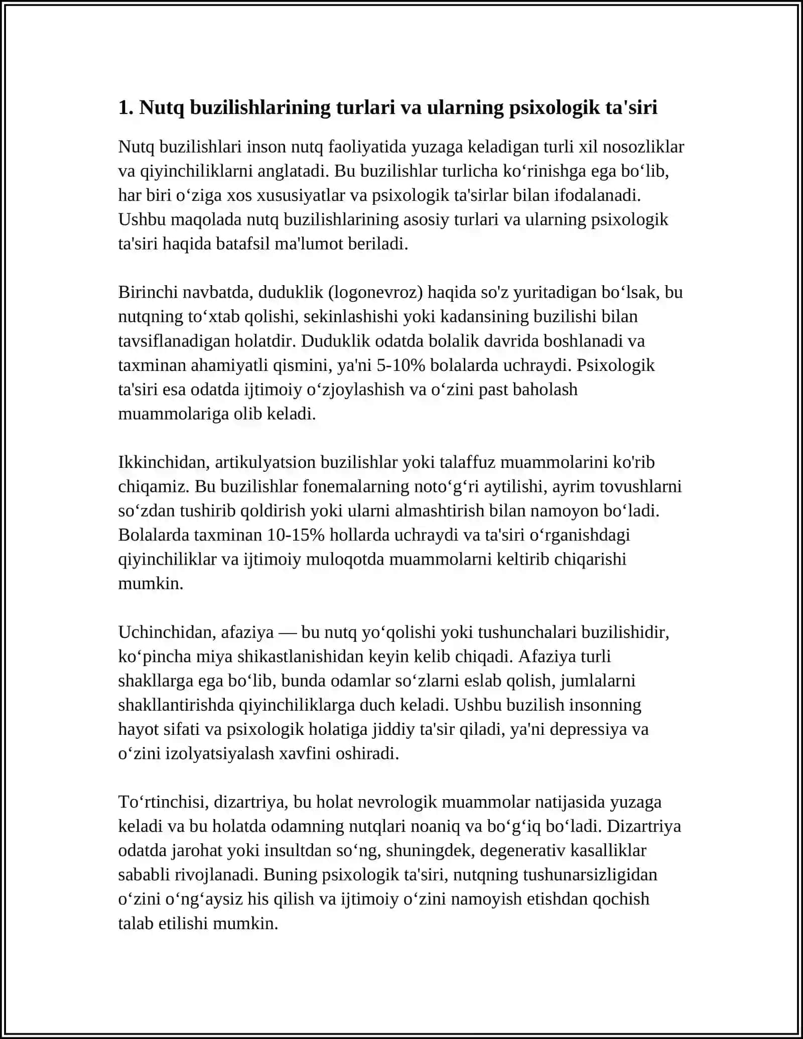 SISTEMALI NUTQ BUZILISHLARI BOʻLGAN BOLALARNING PSIXOLOGIK XUSUSIYATLARI ( BILISH JARAYONLARI, HISSIY- IRODAVIY SOHASI, SHAXSLARARO MUNOSABATI, FAOLIYATI), ULARNI TEKSHIRISH VA KORREKSIYALASH 4