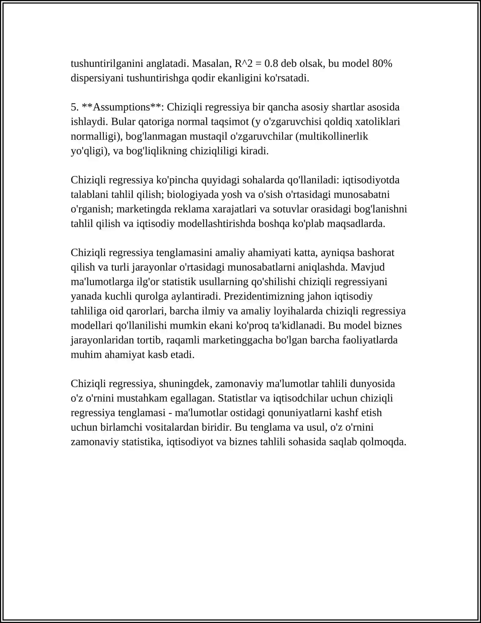 REGRESSIYA TENGLAMALARIDA PROGNOZLASH VA NATIJALARINI ISHONCHLILIK INTERVALINI ANIQLASH 4