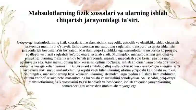 Oziq-ovqat mahsulotlarining issiqlik-fizik xossalari ishlab chiqarish chiqindilari. 4