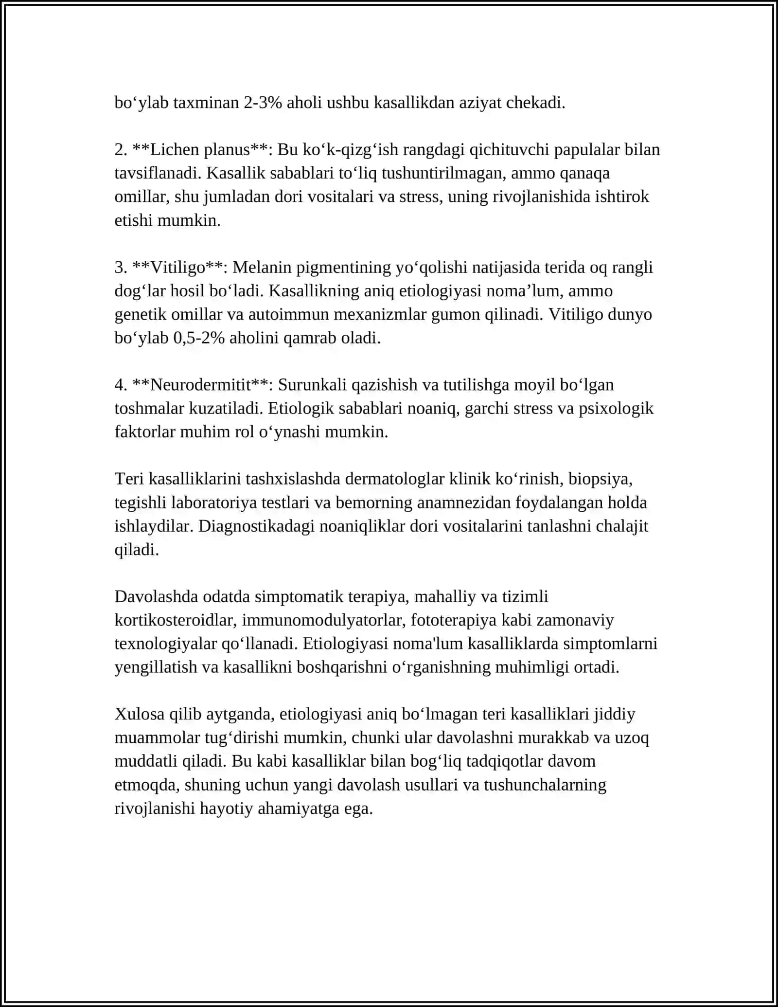 ETIOLOGIYASI YETARLI ANIQLANMAGAN TERI KASALLIKLARI KELIB CHIQISH SABABLARI, TURLARI, KLINIK BELGILARI, MAVSUMIYLIGI VA ASORATLARI 4