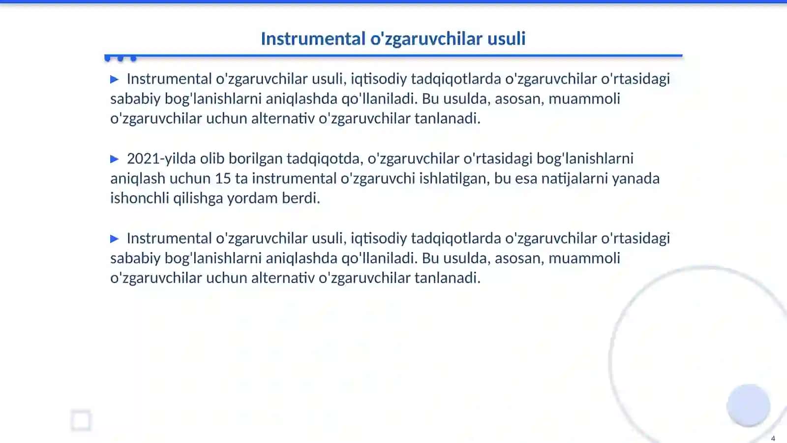 tasodifiy regressiya va instrumental o'zgaruvchilar usuli va uni qo'llanolishi 4