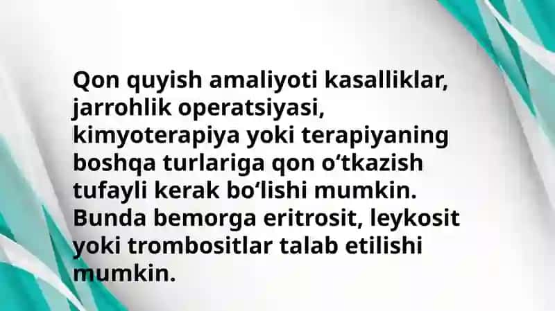 Qon quyish turlari va usullari. Sitratli zaharlanish, sabablari, klinikasi va tashxisi, birinchi yordam 4