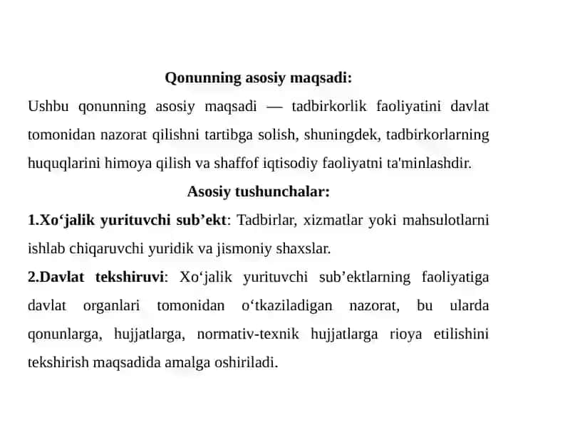 Xo‘jalikyurituvchi sub’ektlar faoliyati nidavlat tekshiruvi to‘g‘risida qonun 4