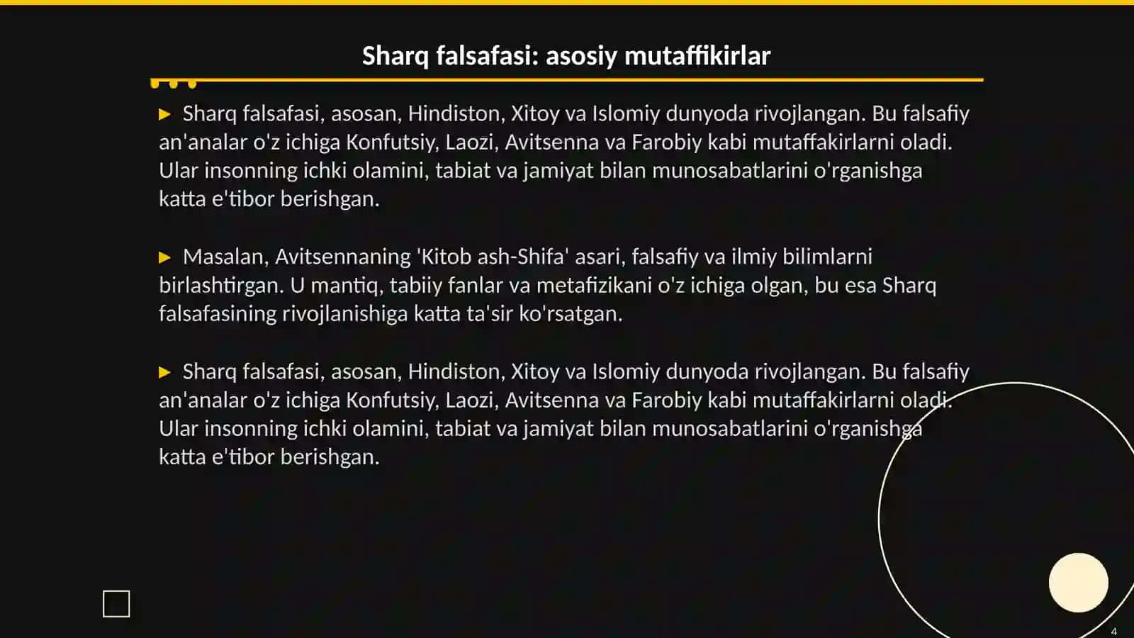 Falsafaning mohiyatiga oid sharq va garb mutaffakir tariflarini tasniflash va ular haqida slayd tayorlash 4