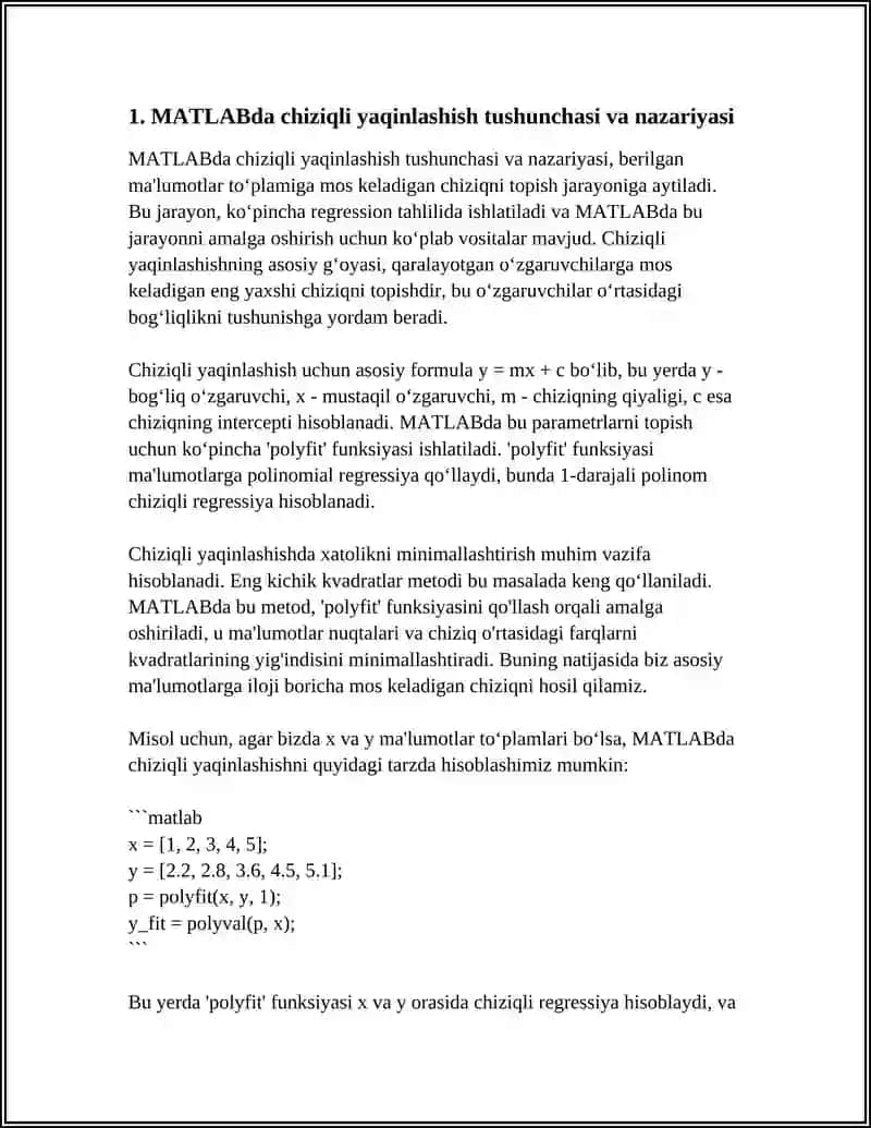 MATLABDA FUNKSIYALARNING CHIZIQLI YAQINLASHIHSHI 4