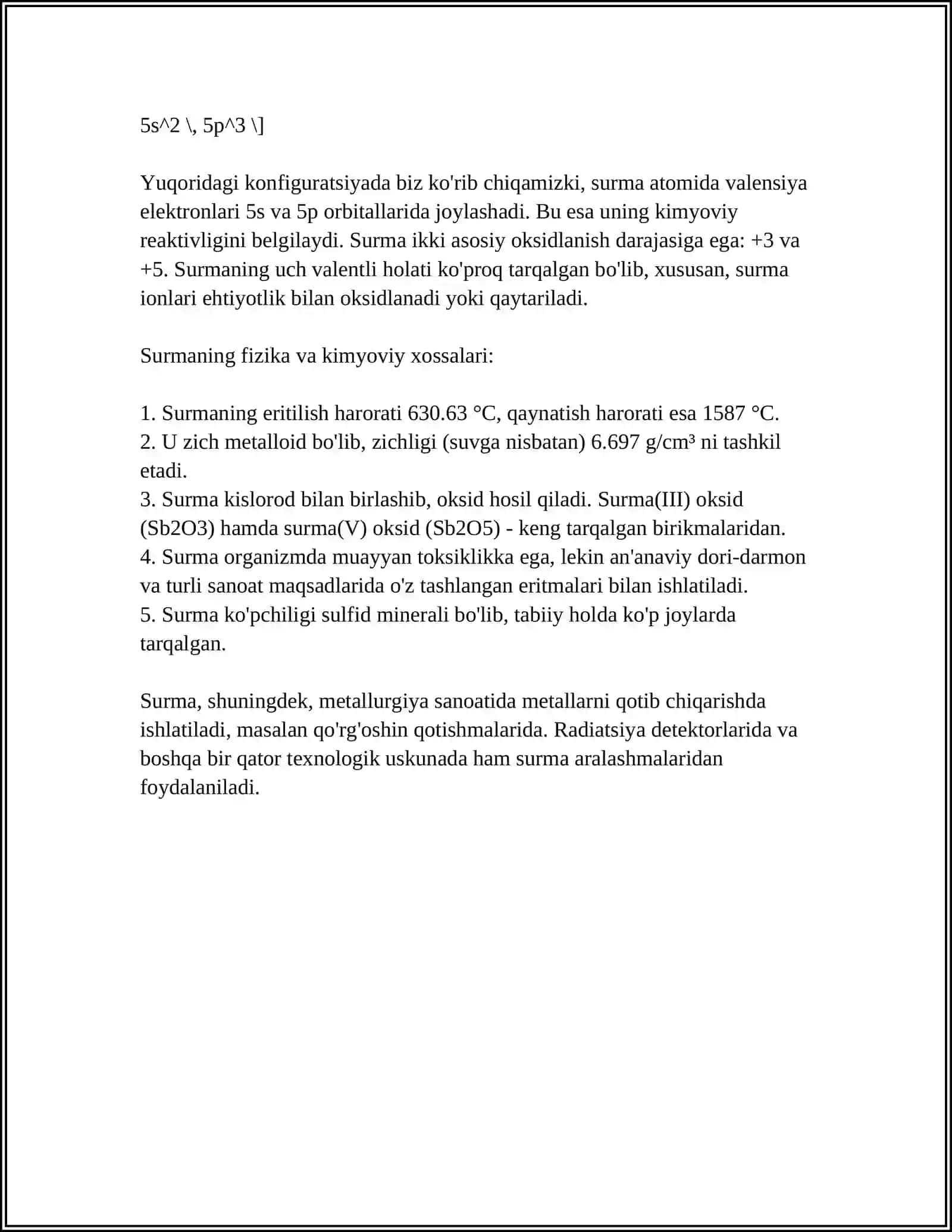 SN NING ELEKTRON FORMULASI, TABIATDA UCHRASHI, OLINISHI, FIZIK, KIMYOVIY XOSSALARI. BU ELEMENTNING VODOROD, KISLOROD, METALLAR, METALLOIDLAR BILAN XOSIL QILGAN BIRIKMALARINI OLINISHI, XOSSALARI. TUZLARI, KISLOTALARI VA ULARNING GIDROLIZI. BIRIKMALARINING AHAMIYATI 4