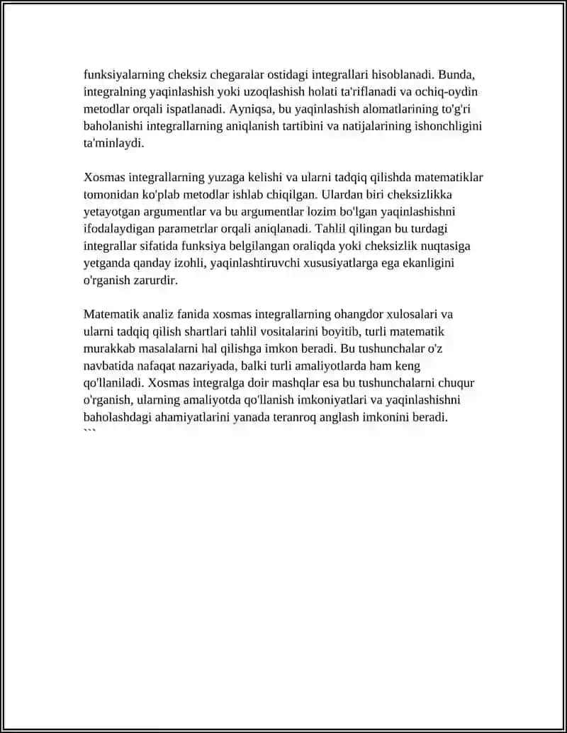 XOSMAS INTEGRALLARNING YAQINLASHISH ALOMATLARI. XOSMAS INTEGRALGA DOIR MASHQLAR 4