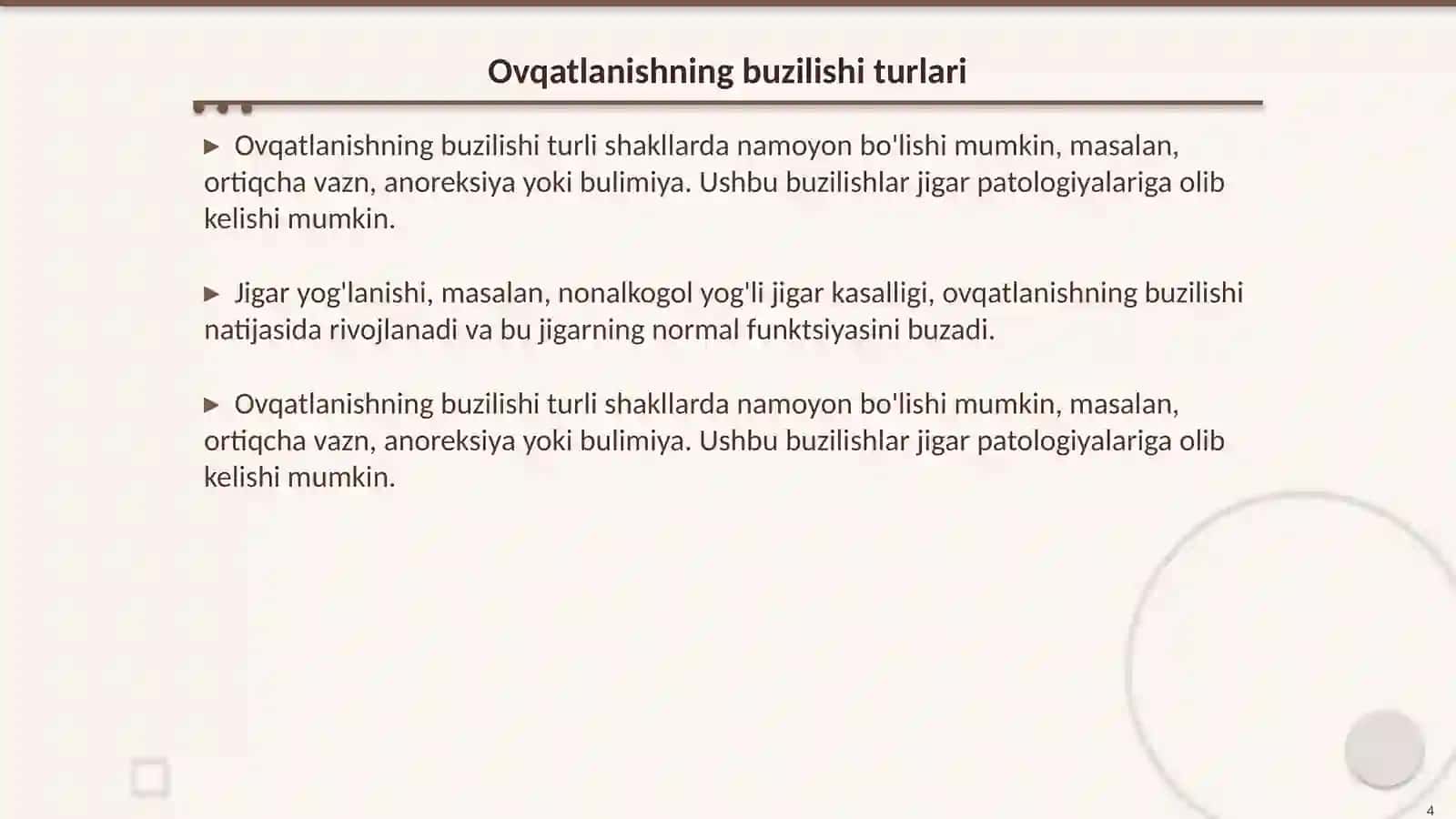 Ovqatlanishning buzilishi-jigar patologiyasining asosiy sababi 4