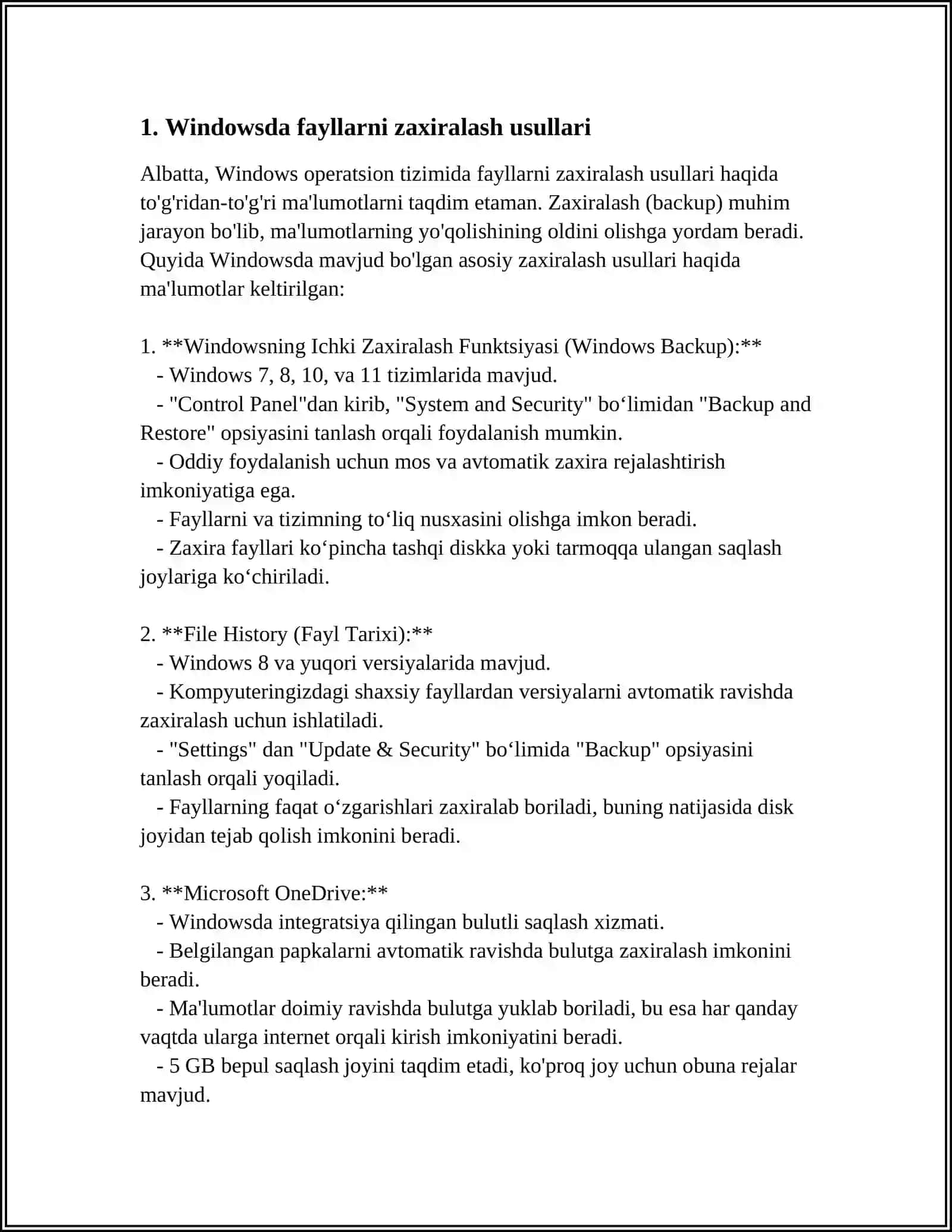 WINDOWS OPERATSION TIZIMIDA MALUMOTLARNI SAQLASH VA TIKLASH 4