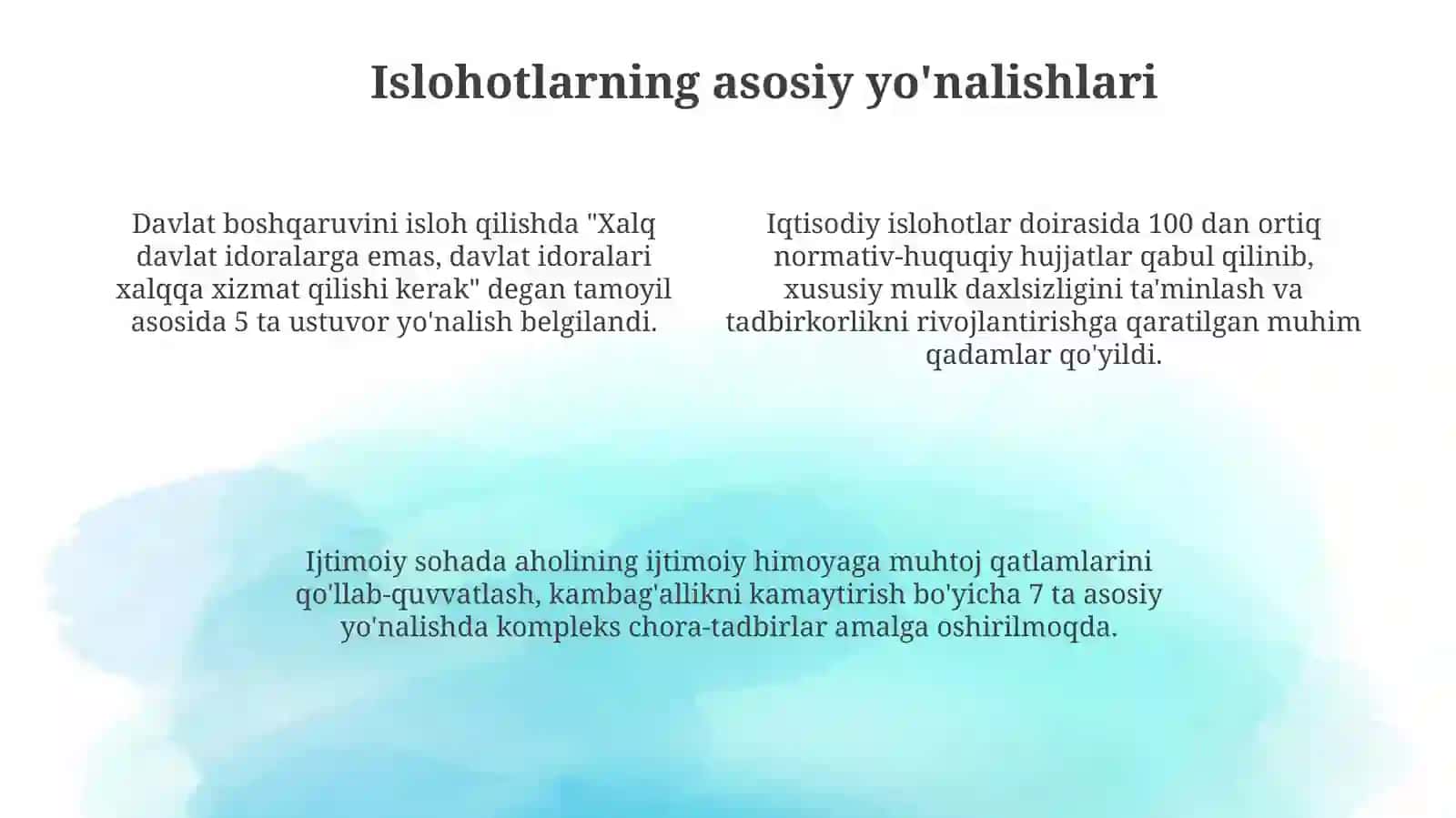 Yangi Õzbekistonda Prezident Sh.M.rahbarligi va tashabbusi ostida amalga oshirilayotgan islohatlar 4