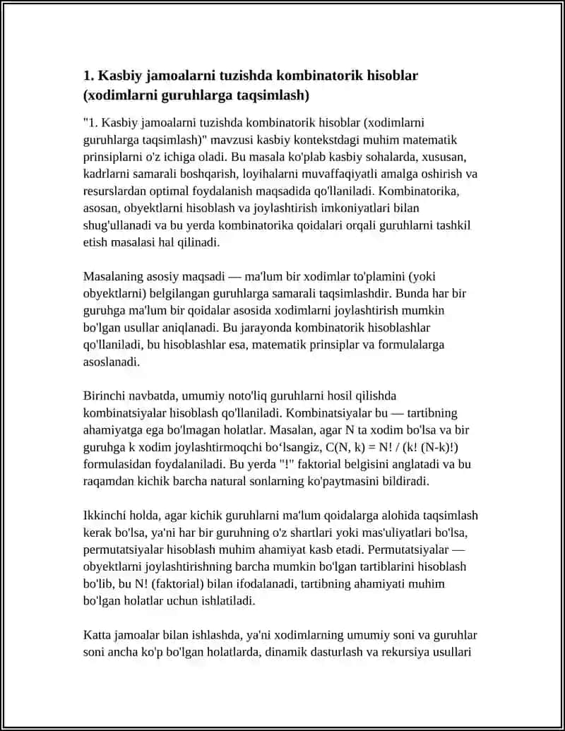 KASBLARGA TAALUQLI KOMBINATOR HISOB-KITOBLARGA OID KASBIY KONTEKSTDAGI MASALALARGA DOIR DARS ISHLANMASI 4