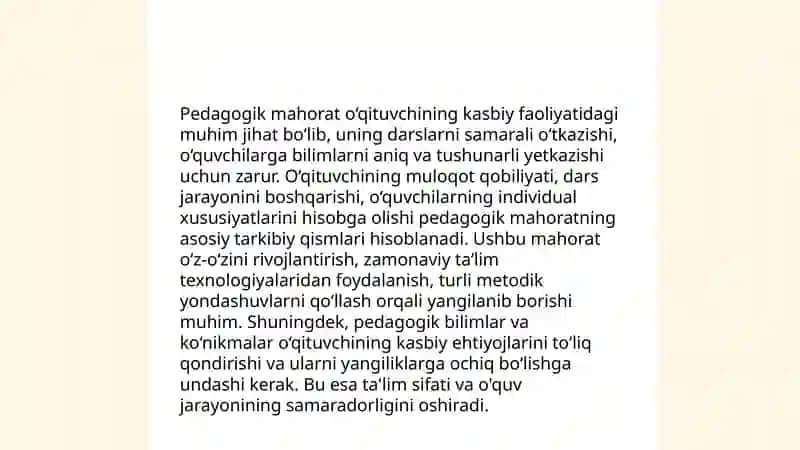 Barkamol avlod tarbiyasida oʻqituvchining tarbiyaviy maqsadlarni pedagogik mahorat asosida toʻgʻri tanlay olishi 4