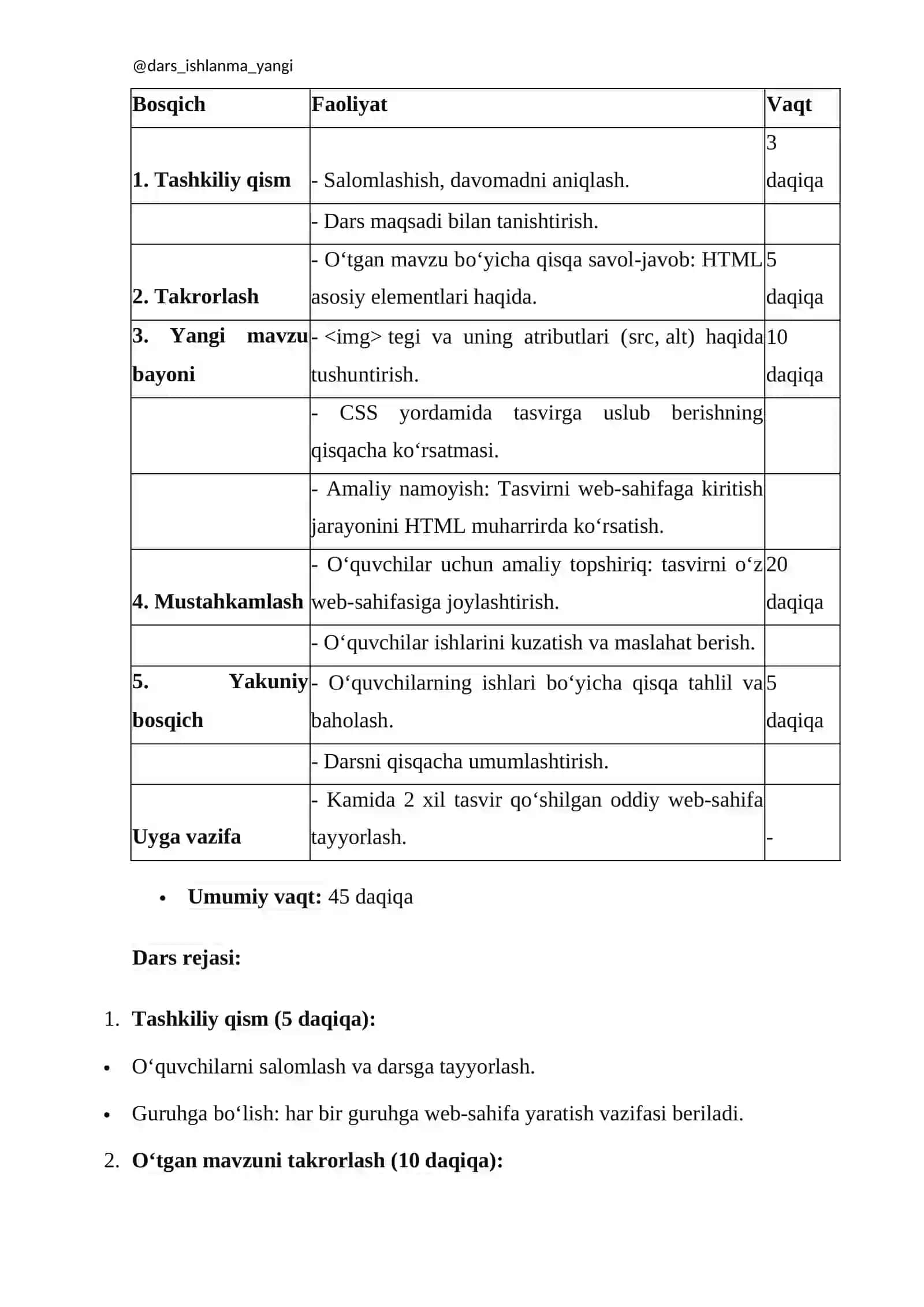 DARS ISHLANMASI 8-sinf Informatika fanidan "Web-sahifaga tasvir kiritish" mavzusida ochiq dars ishlanmasi 4