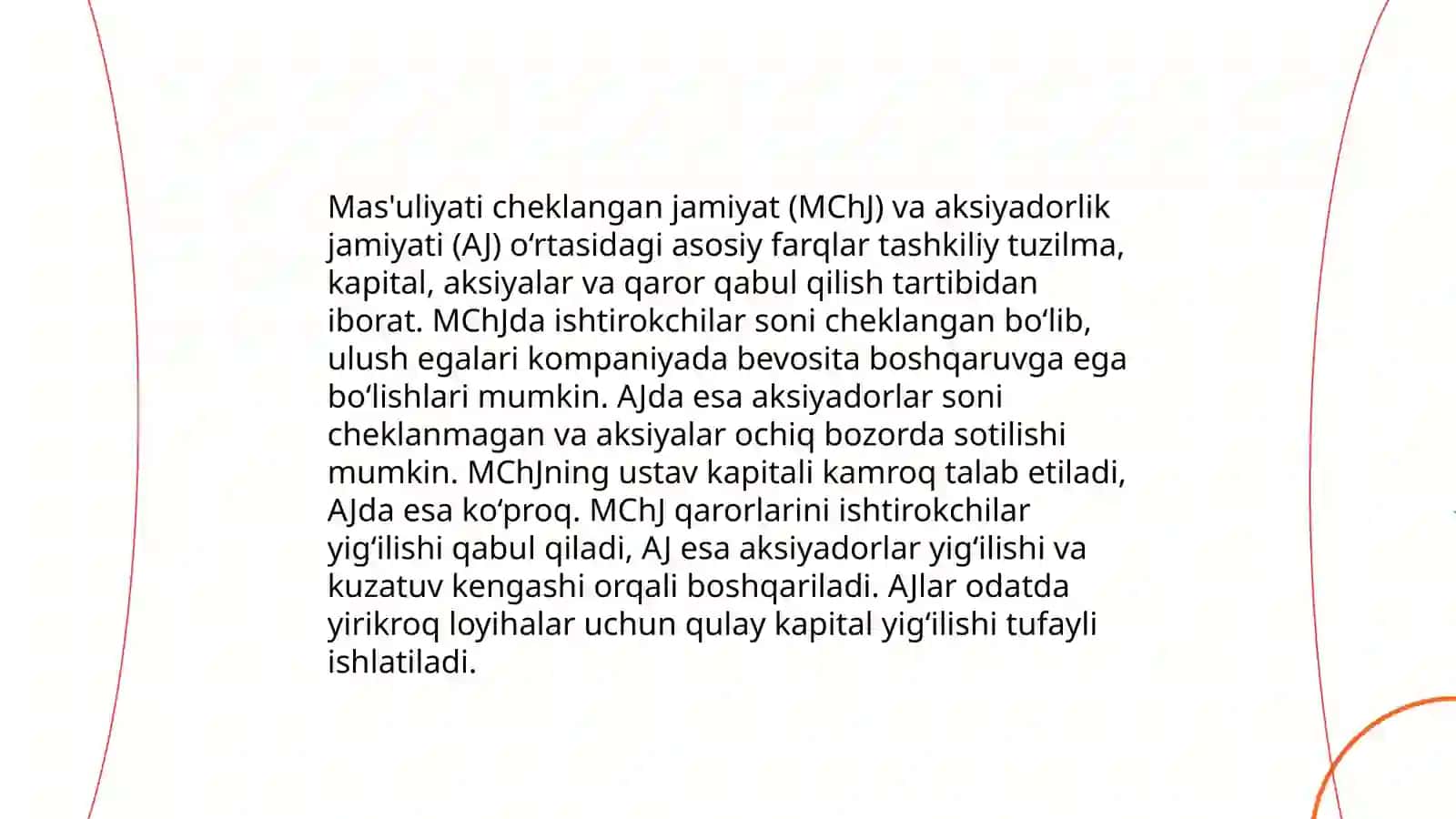 Tadbirkorlik faoliyati subyekti sifatida xo‘jalik shirkatlarining o‘xshash hamda farqli jihatlarini amaliy misollar bilan qonunchilik hujjatlarida asosida izohlang 4