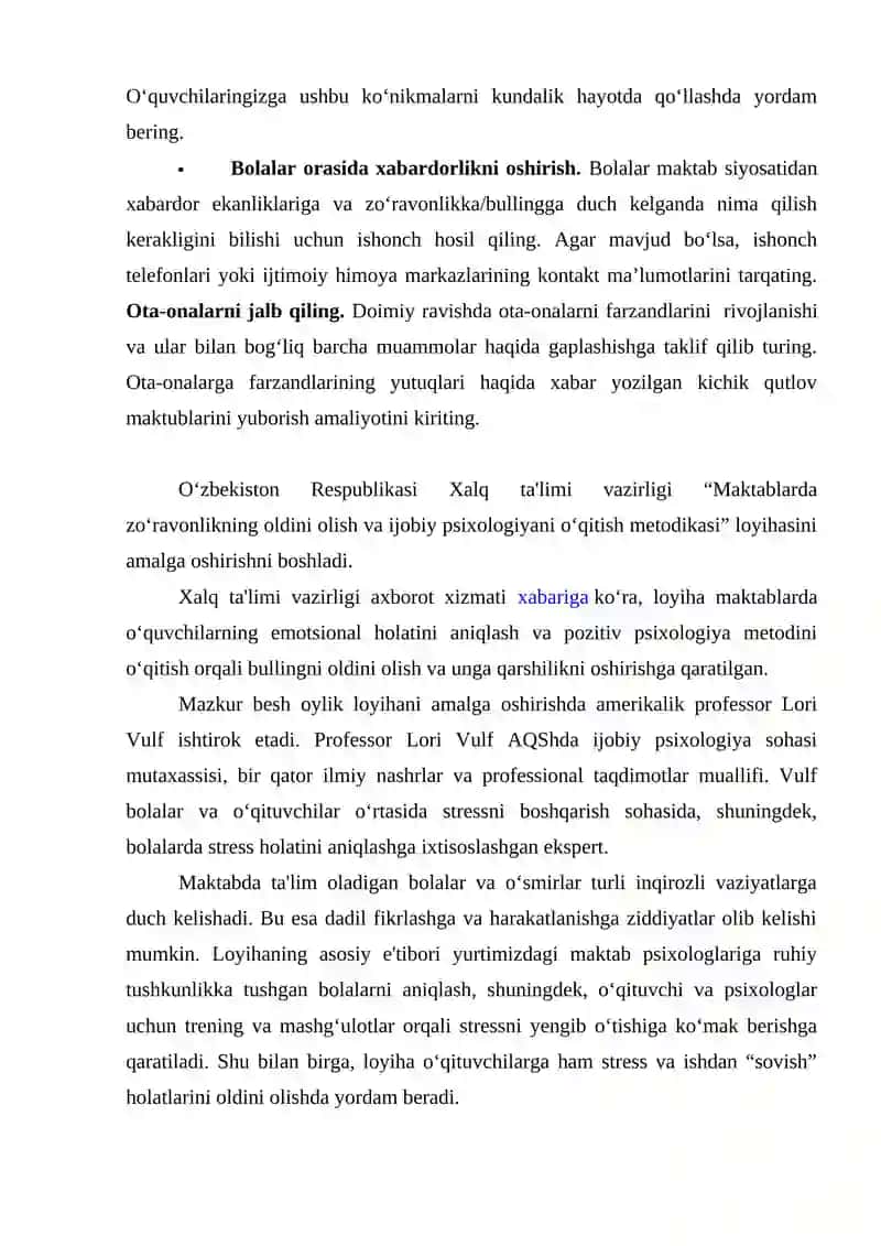 Maktablarda zo‘ravonlikni oldini olish va ijobiy psixologiyani o‘qitish metodikasi 4