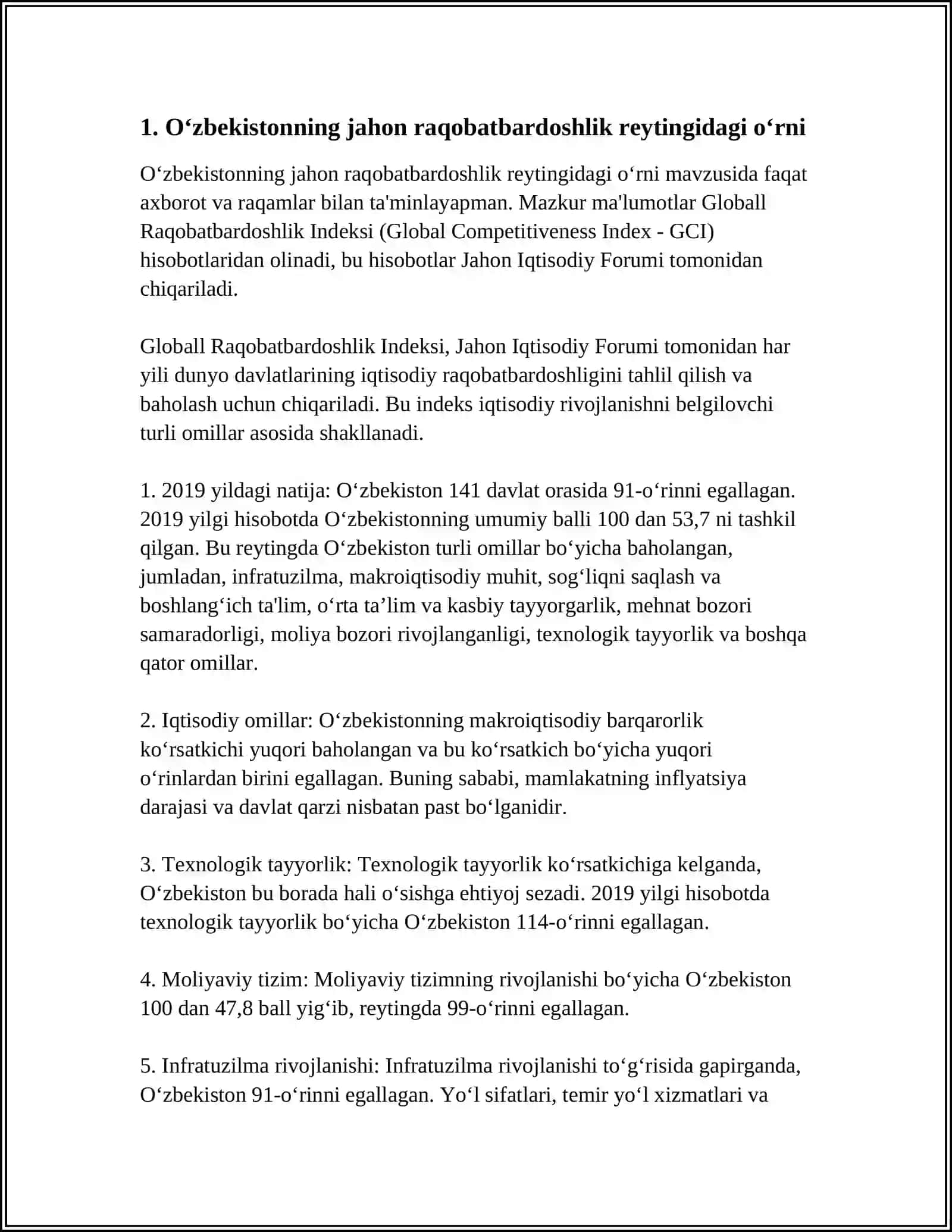 OʻZBEKISTON RESPUBLIKASINING XALQARO REYTING INDEKSLARIDAGI ÓRIN VA NUFUZING ORTIB BORISHI 4