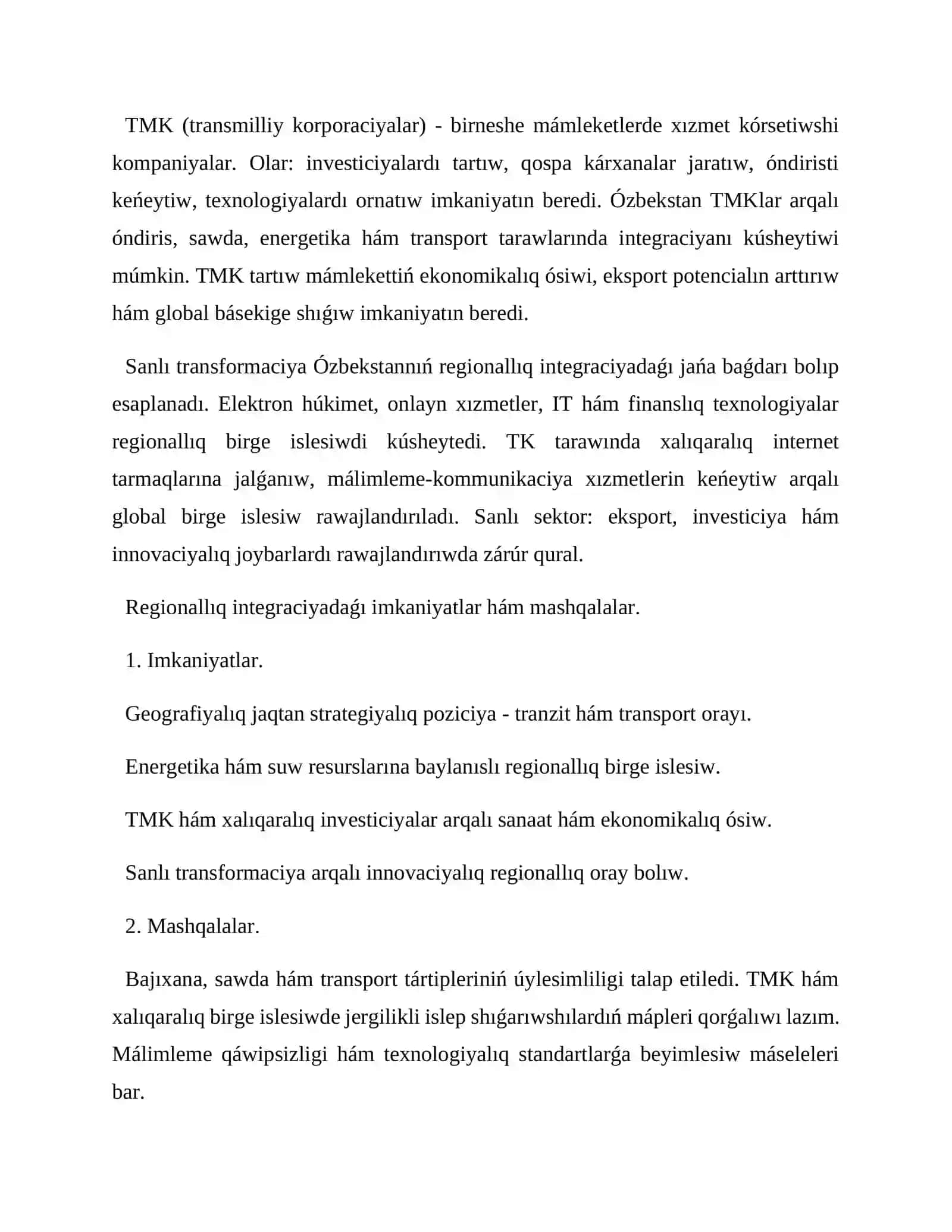 Ózbekstannıń aymaqlıq integraciyalıq processlerindegi qatnasıwı hám TMKlardıń imkaniyatları 4