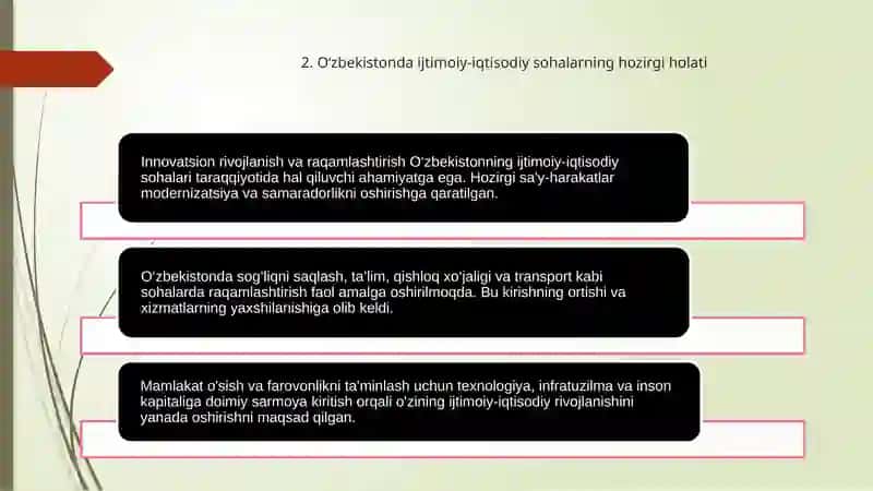 O'zbekistond aijtimoiy-iqtisodiy sohalarni inovatsion rivojlantirish va raqamlashtirish odimlari 4