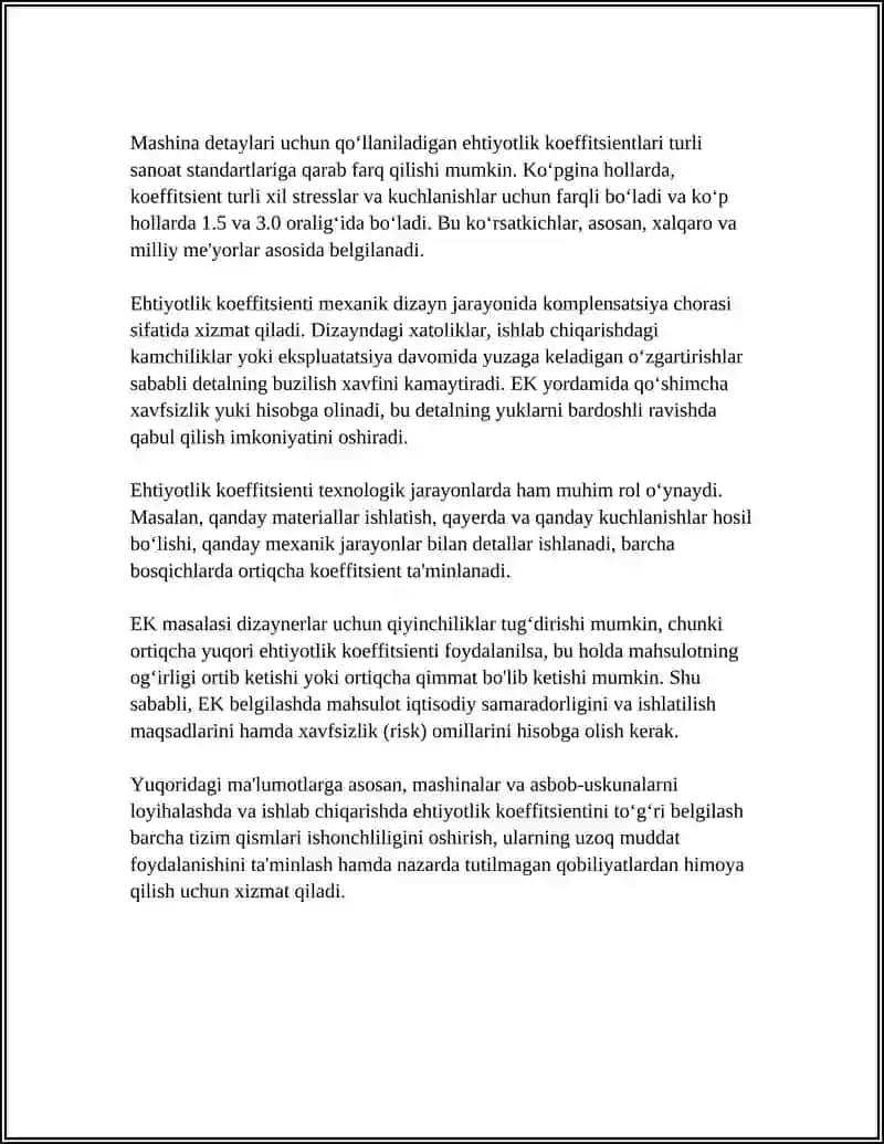 Mashina detallarida ehtiyotlilik koeffitsenti haqida tushuncha 4
