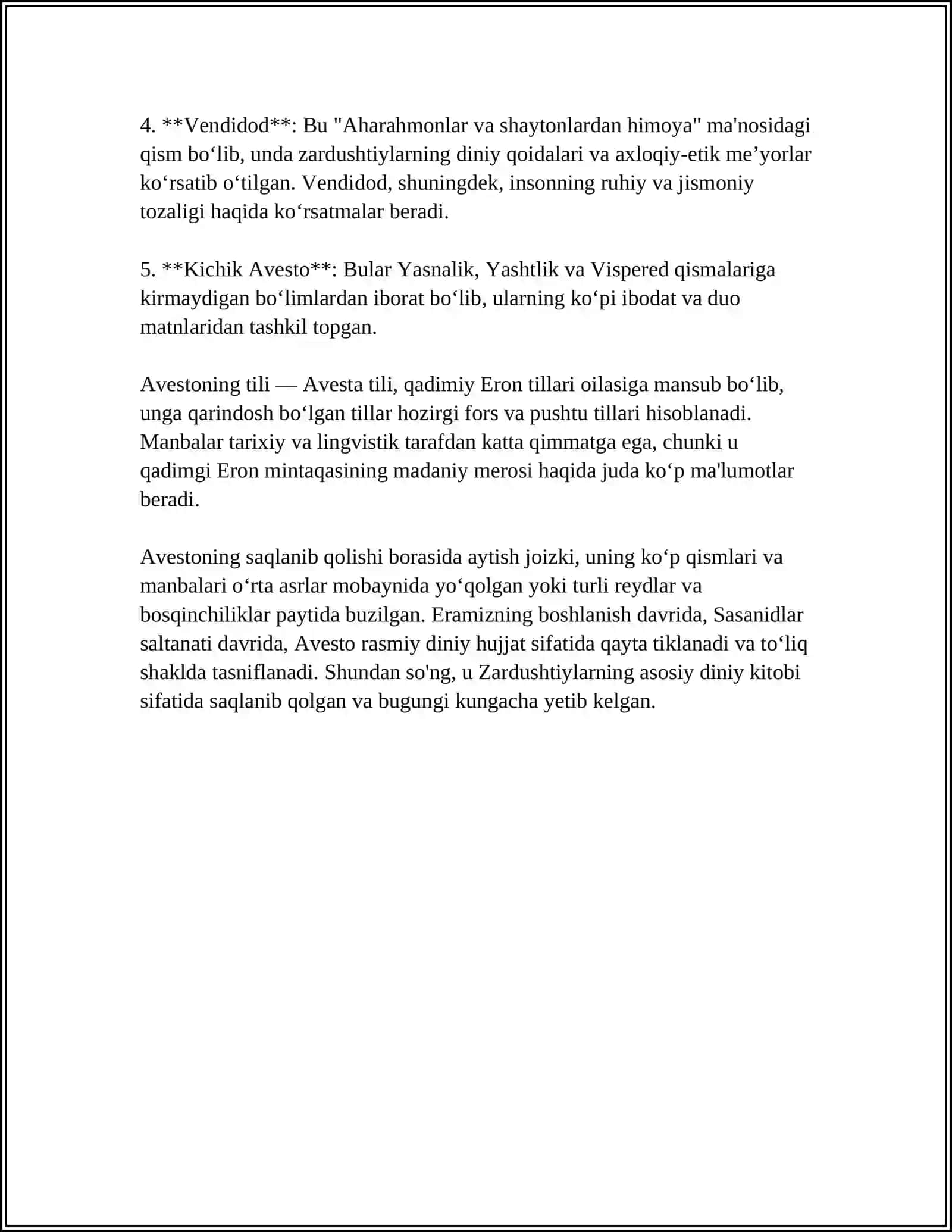 AVESTO TARIXIY MANBA SIFATIDA."OSOR UL-BOQIYA" ASARI TARIXIY MANBA SIFATIDA. DEVONU LUGʻAT AT-TURK ASARINING TARIXIY MANBA SIFATIDAGI OʻRNI 4