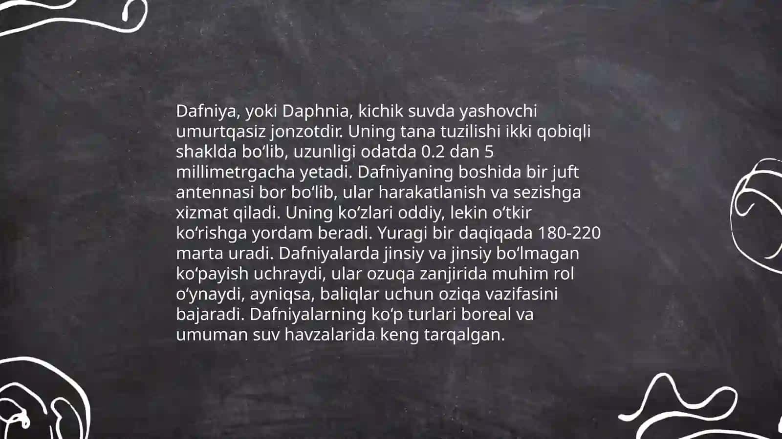 Qisqichbaqasimonlar sinfi vakillari dafniya va sikloplarning tuzilishi hamda koʻpayishi.Daryo qisqichbaqasining tashqi va ichki tuzilishini oʻrganish 4