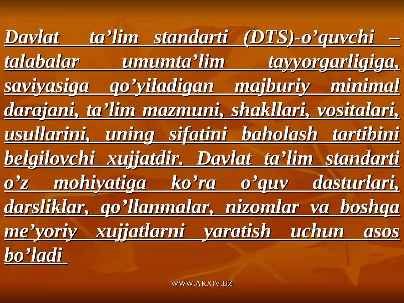 Davlat ta’lim standartlari o’quv reja, o’quv dasturining mohiyati va mazmunida tayyorlagan 4