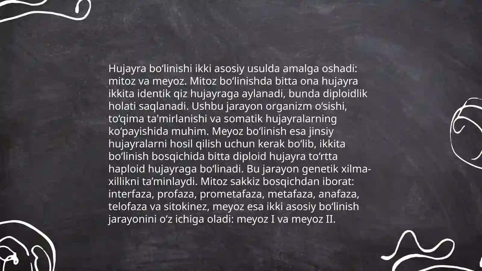 Hujayra sikli va uning davriyligi. Hujayraning bo‘linish usullari va bosqichlari. Interfaza. Autosintetik interfaza. Geterosintetik interfaza. Mitozning biologik va tibbiyotdagi ahamiyati (patalogiyasi). Mitozning xillari: amitoz, endomitoz 4