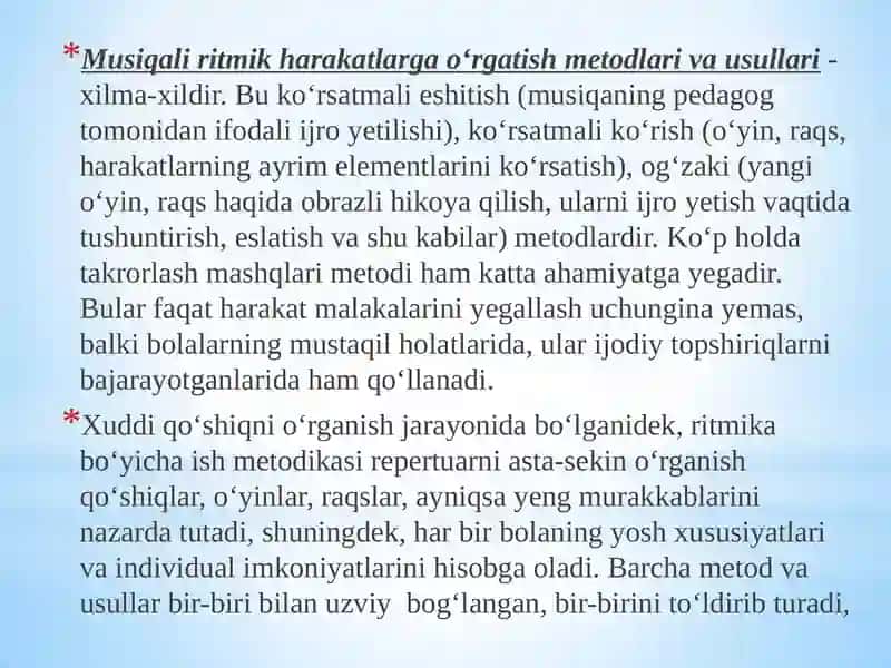BOLALARNI MUSIQAVIY RITMIK HARAKATLARGA O’RGATISH 4