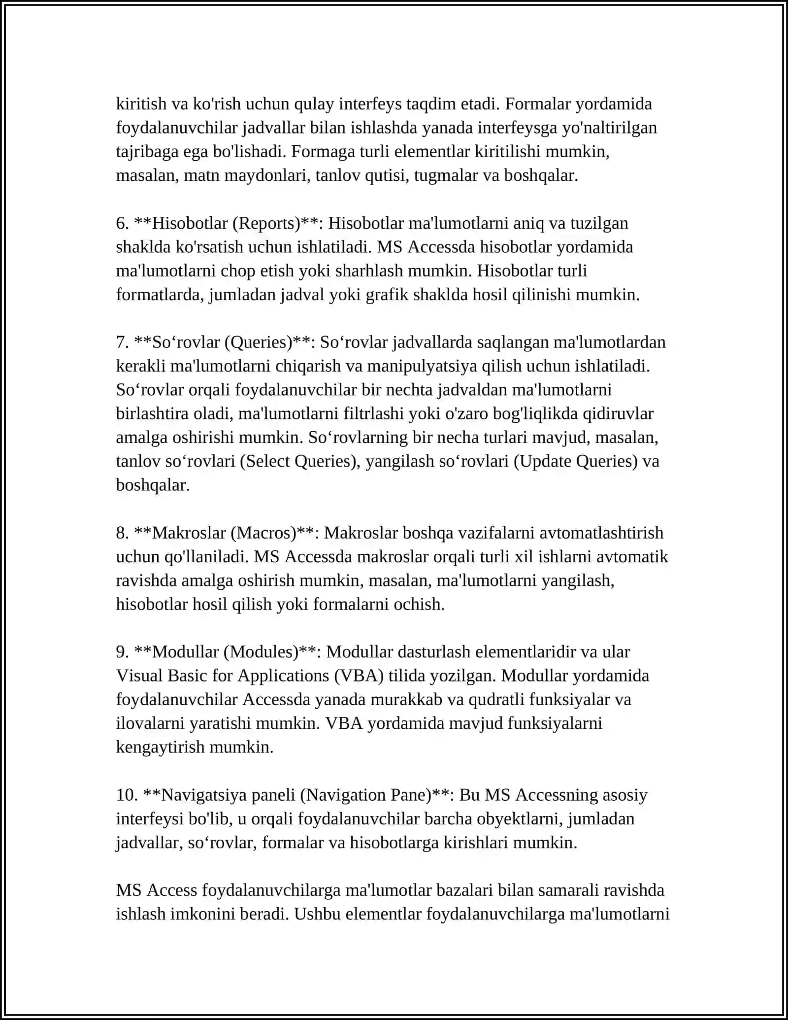 MS ACCESS DASTURINING ASOSIY ELEMENTLARI VA MAYDONLAR XUSUSIYATI 4