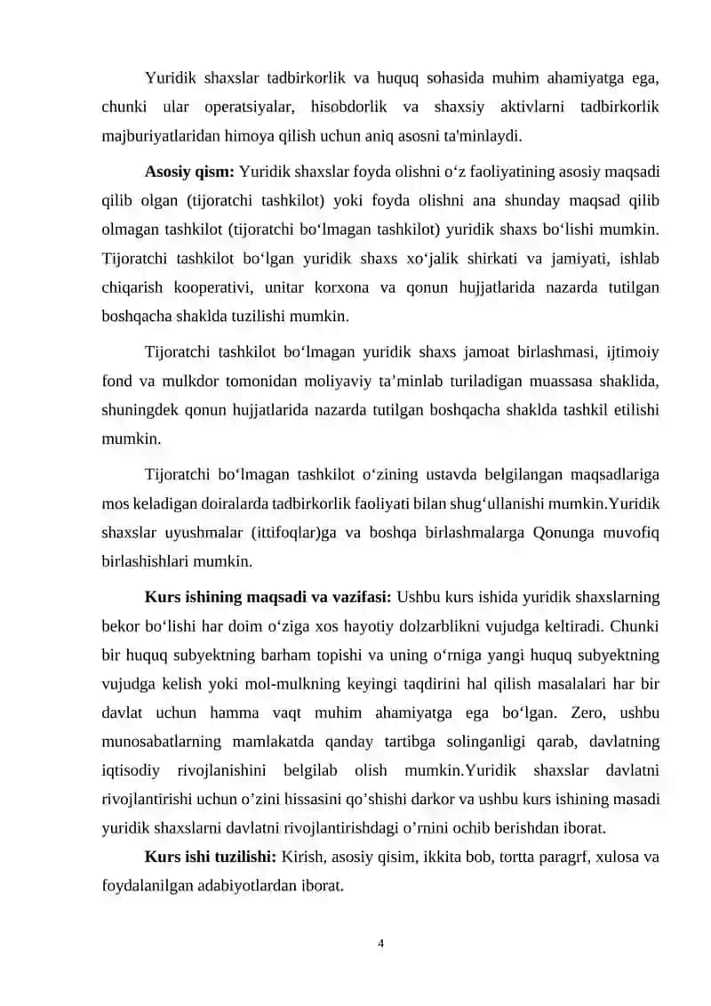 YURIDIK SHAXSLARNI BO'LISH VA AJRATIB CHIQARISHNING AMALGA OSHIRISH USULLARI kurs ishi 4