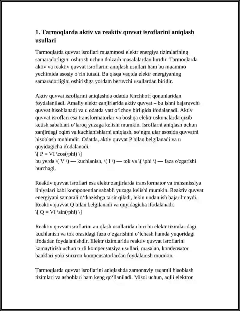 TARMOQ VA TRASFORMATORLARDA QUVVAT ISROFINI ANIQLASH 4