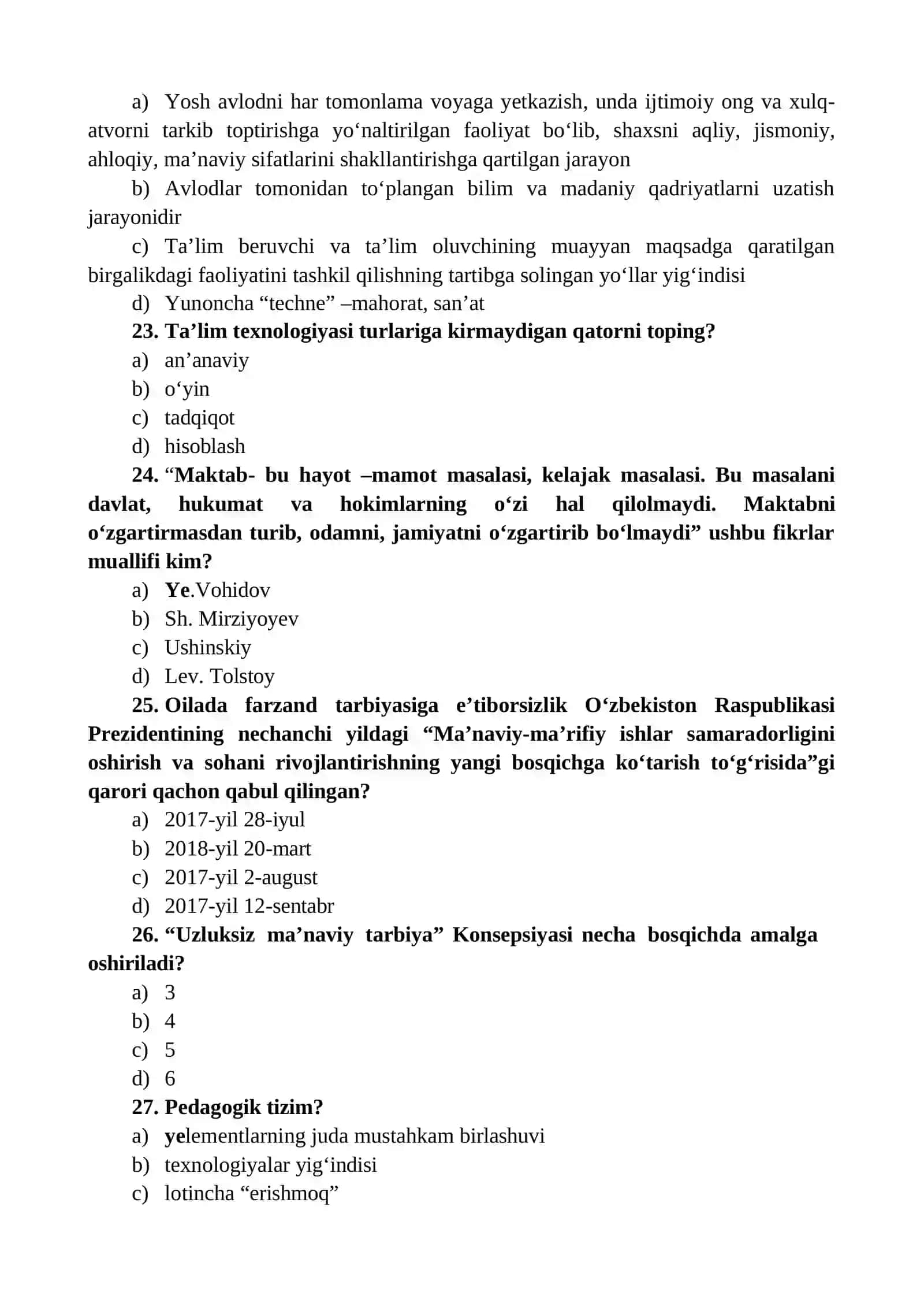 BOSHLANG‘ICH TA’LIMDA TARBIYA FANI” FANIDAN TESTLAR TO‘PLAMI 4