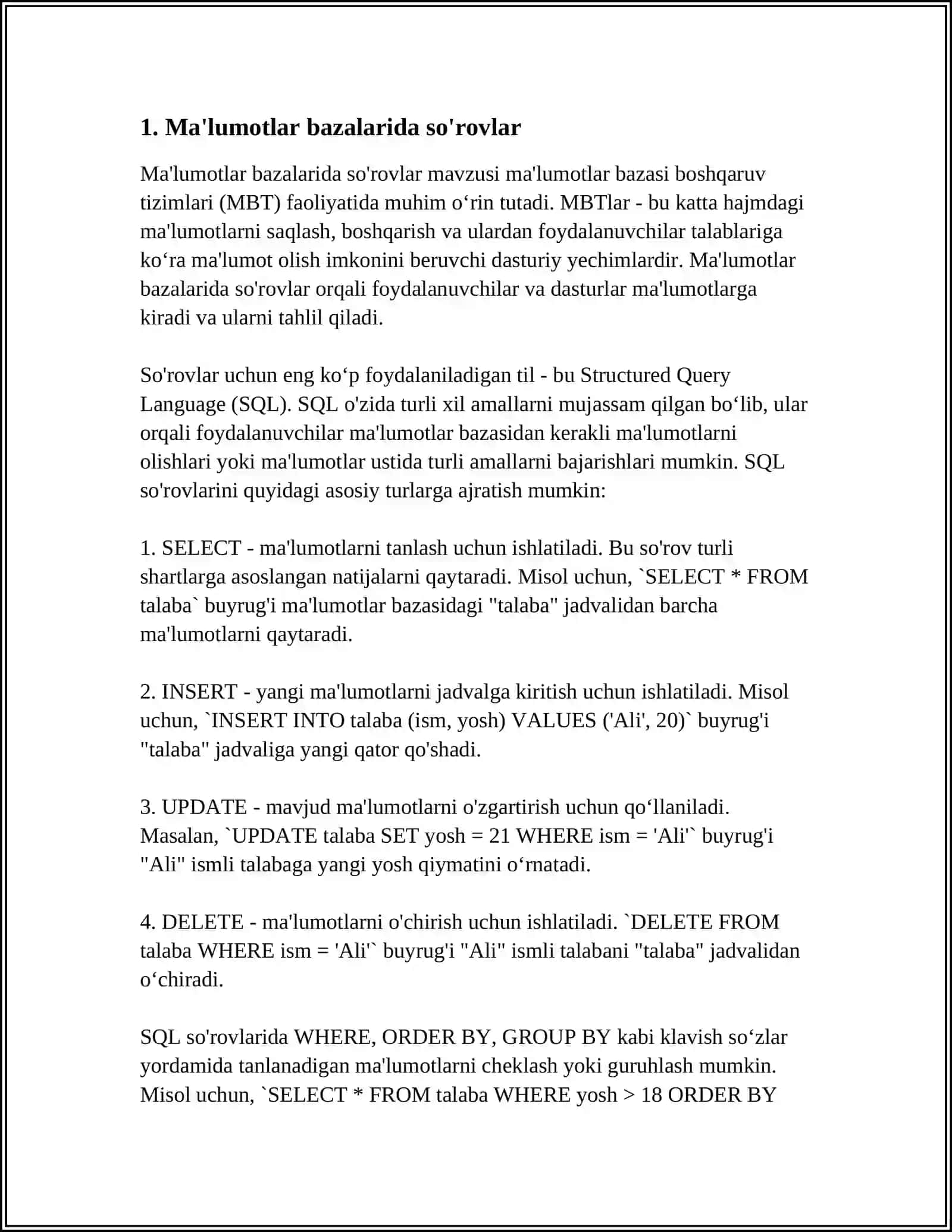 MA'LUMOTLAR BAZASIDA SO'ROVLAR VA ULARNING OPTIMALLASHTIRILISHI 4