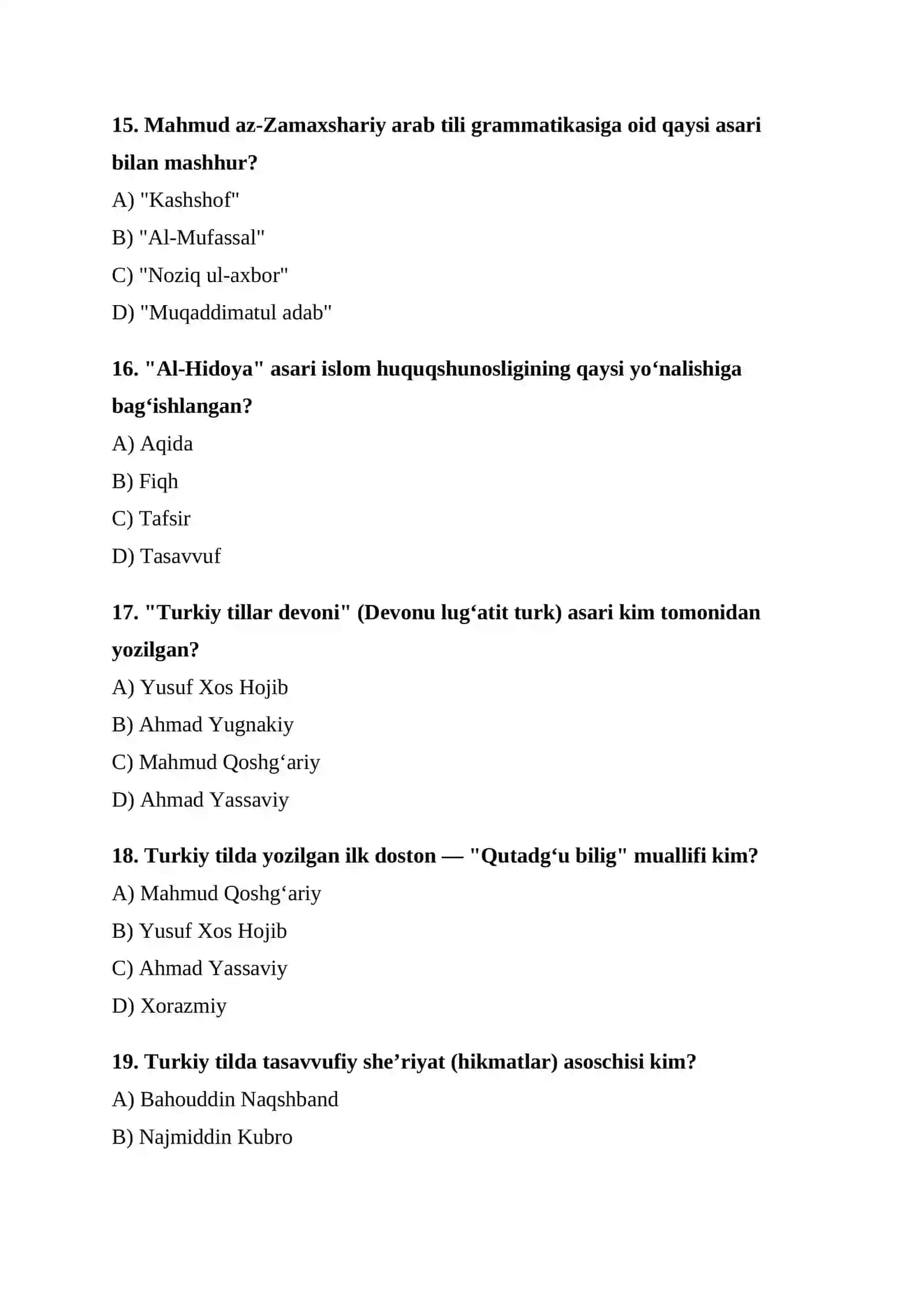 IX–XIII asrlar Birinchi Renessans davri testi test javobli 4