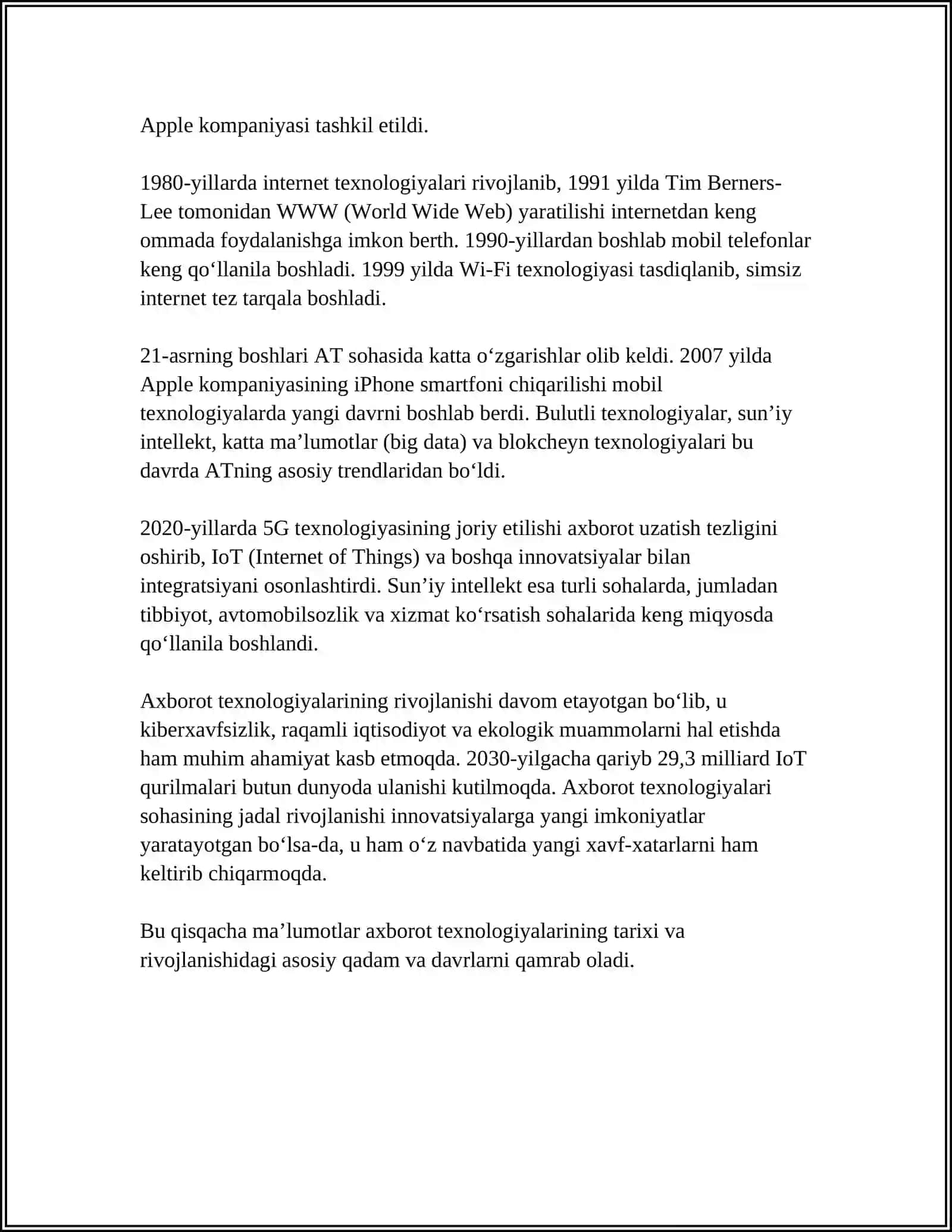 Axborot texnologiyalari ularning rivojlanish bosqichlari va qo'llanilish sohalari 4