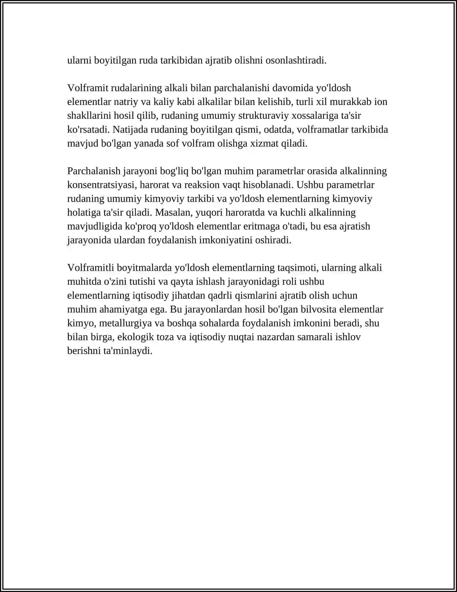 VOLFRAMITLI BOYITMALARNI ISHQORLAR BILAN PARCHALASH JARAYONIDA YO'LDOSH ELEMENTLARNING HOLATI 4
