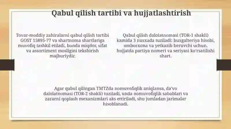 Tovar moddiy zaxiralarini qabul qilish va hisobga olish to'g'riligini tekshirish 4