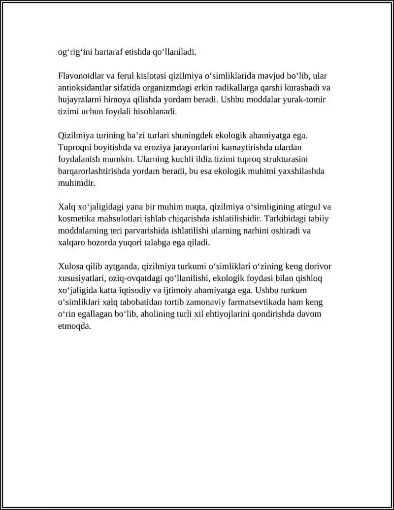 QIZILMIYA TURKUMI DORIVOR O‘SIMLIKARINING XALQ XO‘JALIGIDAGI AHAMIYATI 4