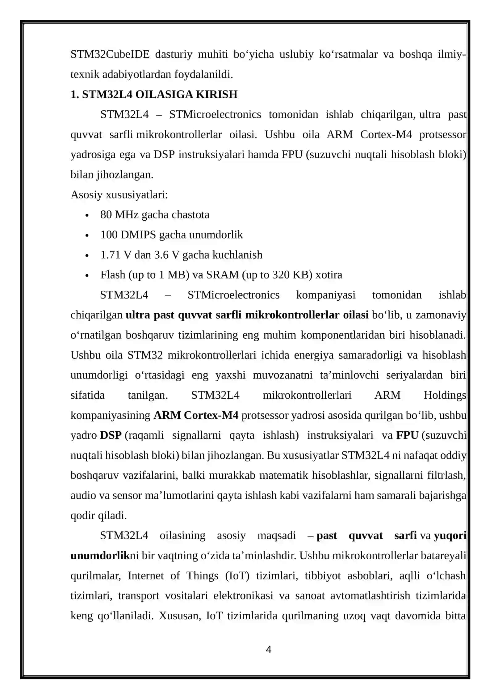 STM32L4 mikrokontrollerlarining texnik tavsiflari, tuzilmaviy va funksional sxemalari hamda dasturiy muhitlari 4