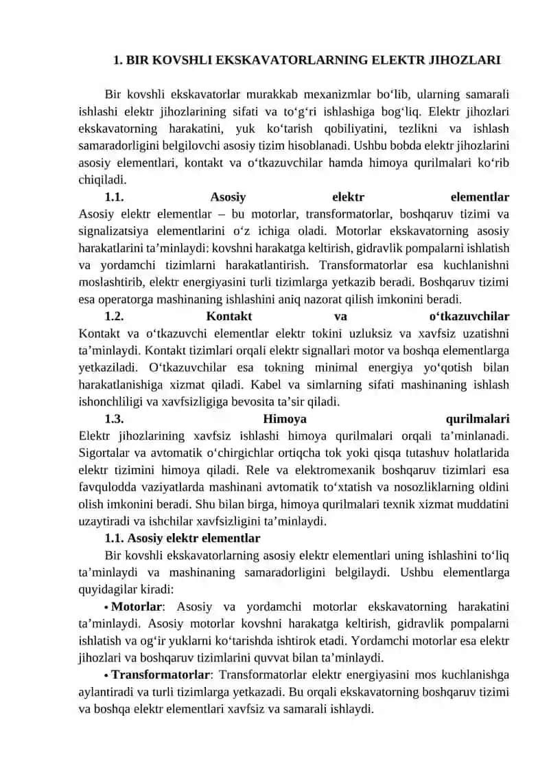 Bir kovshli ekskavatorlar elektr jihozlari va elektr ta’minoti 4