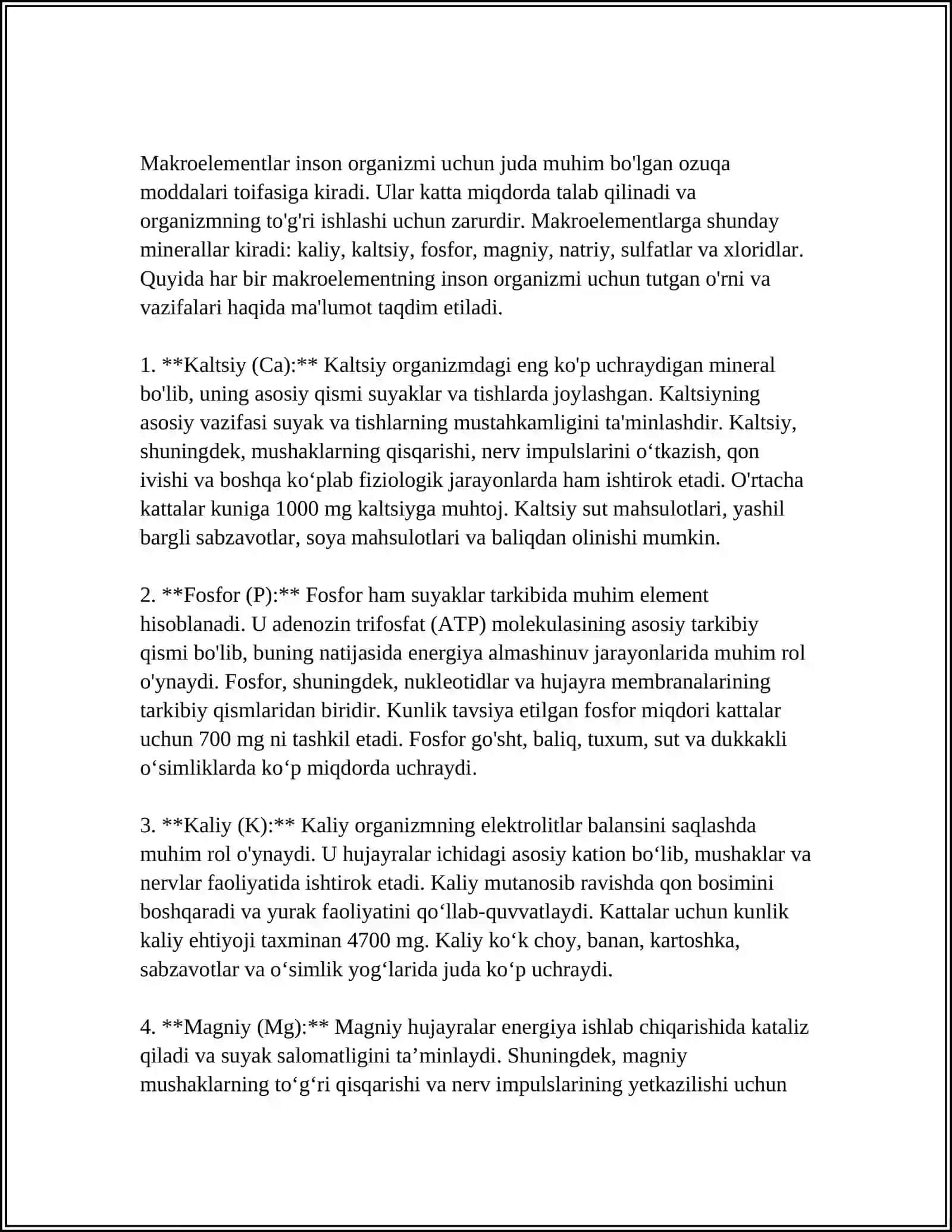 MUSTAQIL ISH Mavzu: MAKROELEMINTLAR VA MIKROELEMINTLAR 4