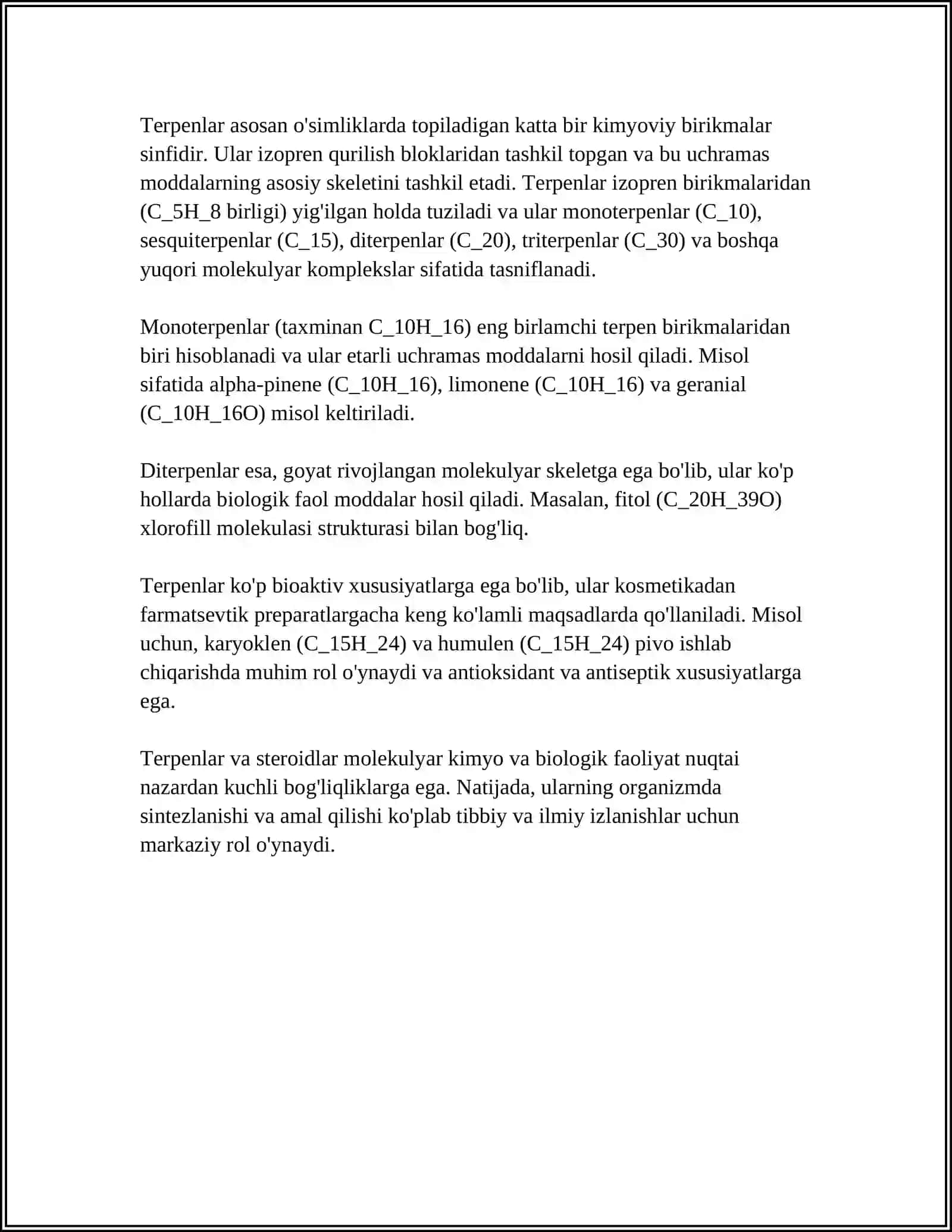 STEROIDLAR VA TERPENLARNING STEREOKIMYOSI HAMDA ULAR ISHTIROKIDAGI MUHIM BIOLOGIK JARAYONLAR 4