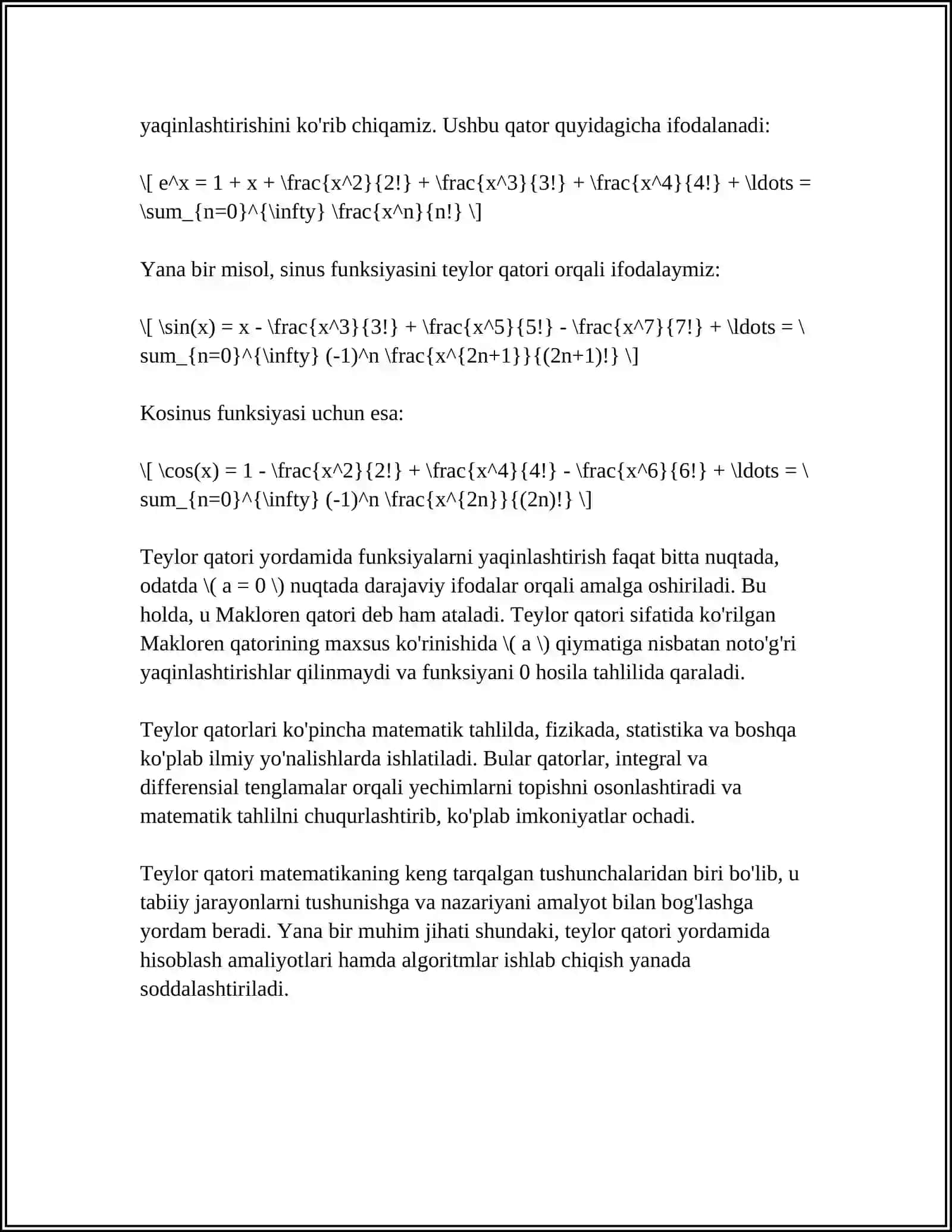 BA'ZI ELEMENTAR FUNKSIYALARNING TEYLOR FORMULALARI. TEYLOR VA MAKLOREN FORMULALARI 4