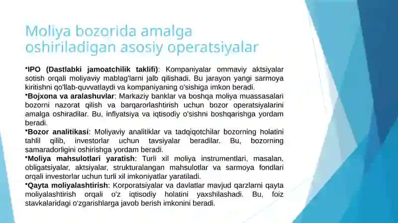 Moliya bozorida amalga oshiriladigan bitim va operasiyalar; Moliya bozorining iqtisodiyotdagi ahamiyati va o‘rni 4