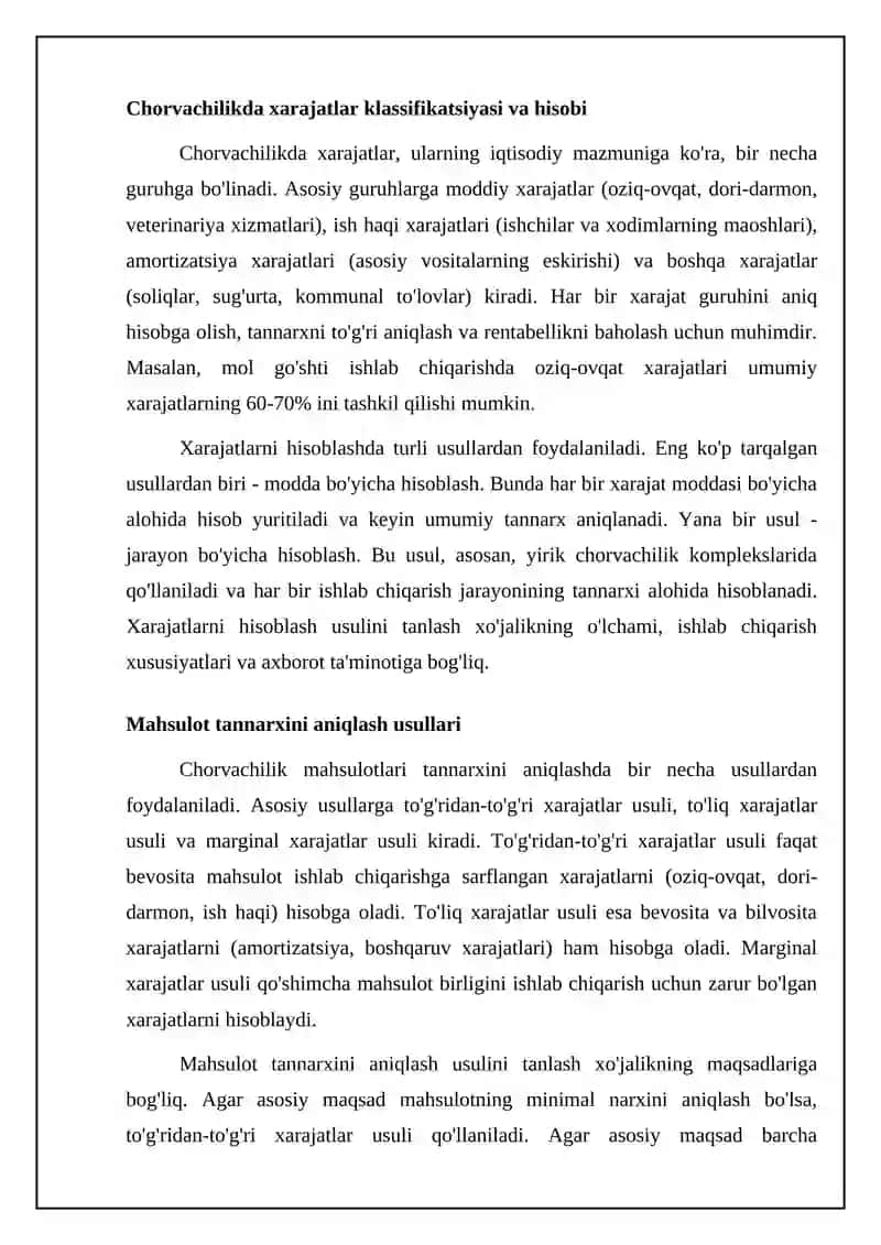 Chorvachilikda xarajatlarni hisoblash va mahsulot tannarxini aniqlash asoslari 4