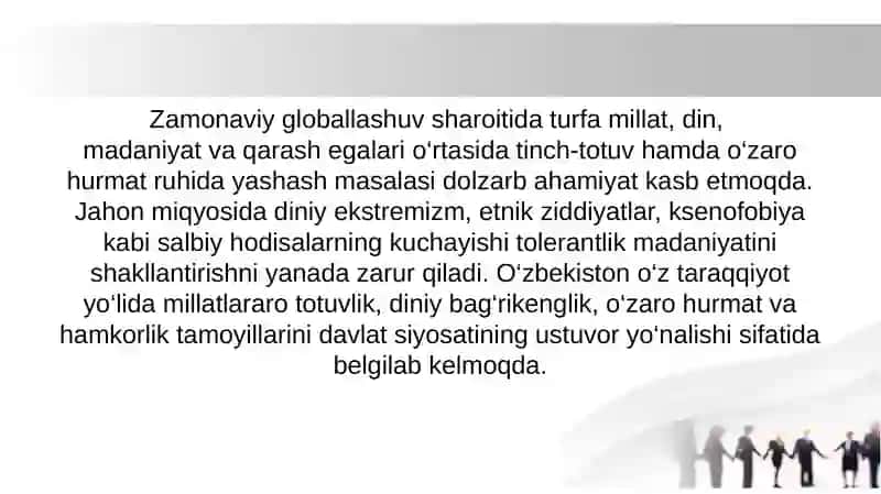 O‘zbekistonda tolerantlik va millatlararo totuvlikni ta‘minlashning tarixiy ildizlari va demokratik prinsiplari 4