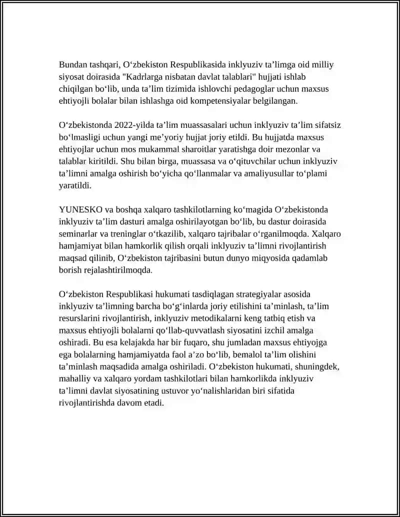 OʻZBEKISTON RESPUBLIKASIDA INKLYUZIV TAʼLIMGA JALB QILISH BOSQICHLARI 4