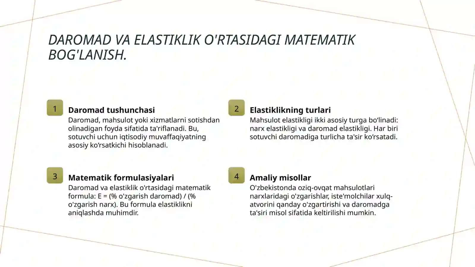 Tovar elastikligi va daromad o'rtasidagi bog'lanish 4