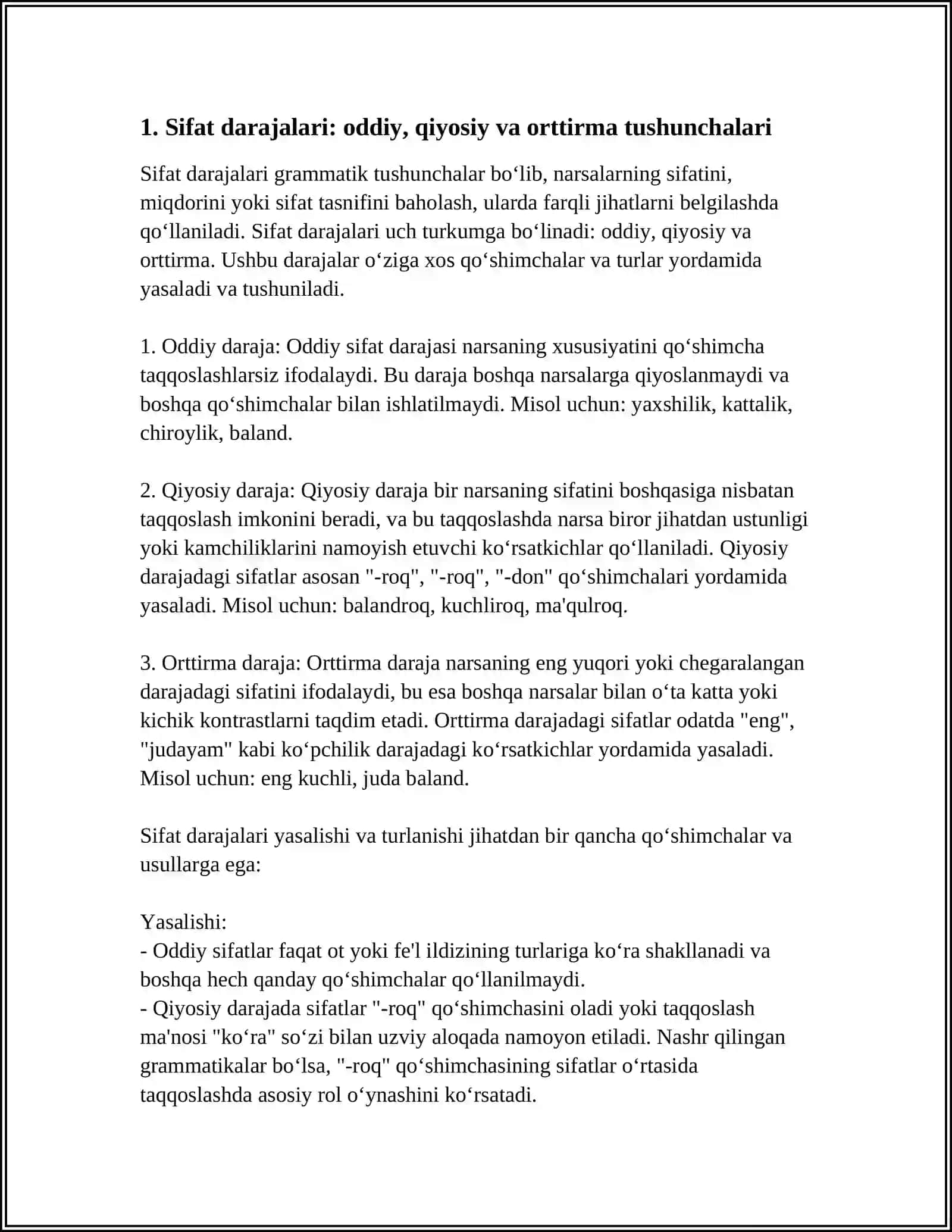 SIFAT DARAJALARI.QIYOSIY VA ORTTIRMA DARAJADAGI SIFATLAR,YASALISHI,TURLANISHI VA QOSHIMCHALARI 4
